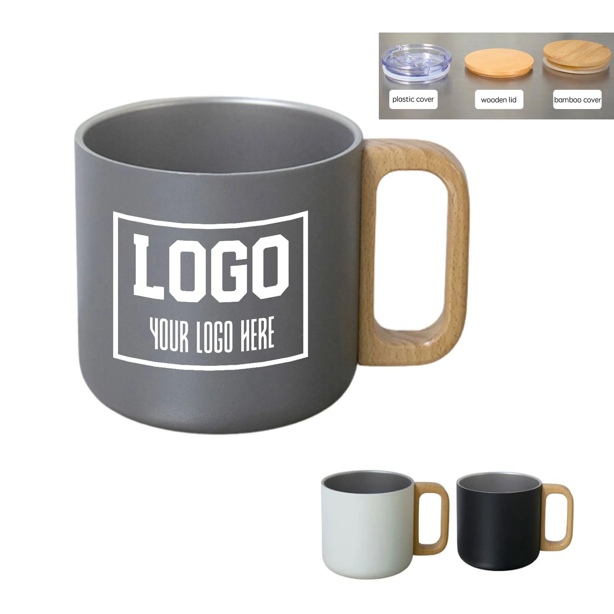 14oz Stainless Steel Double Layer Cup With Wooden Handle