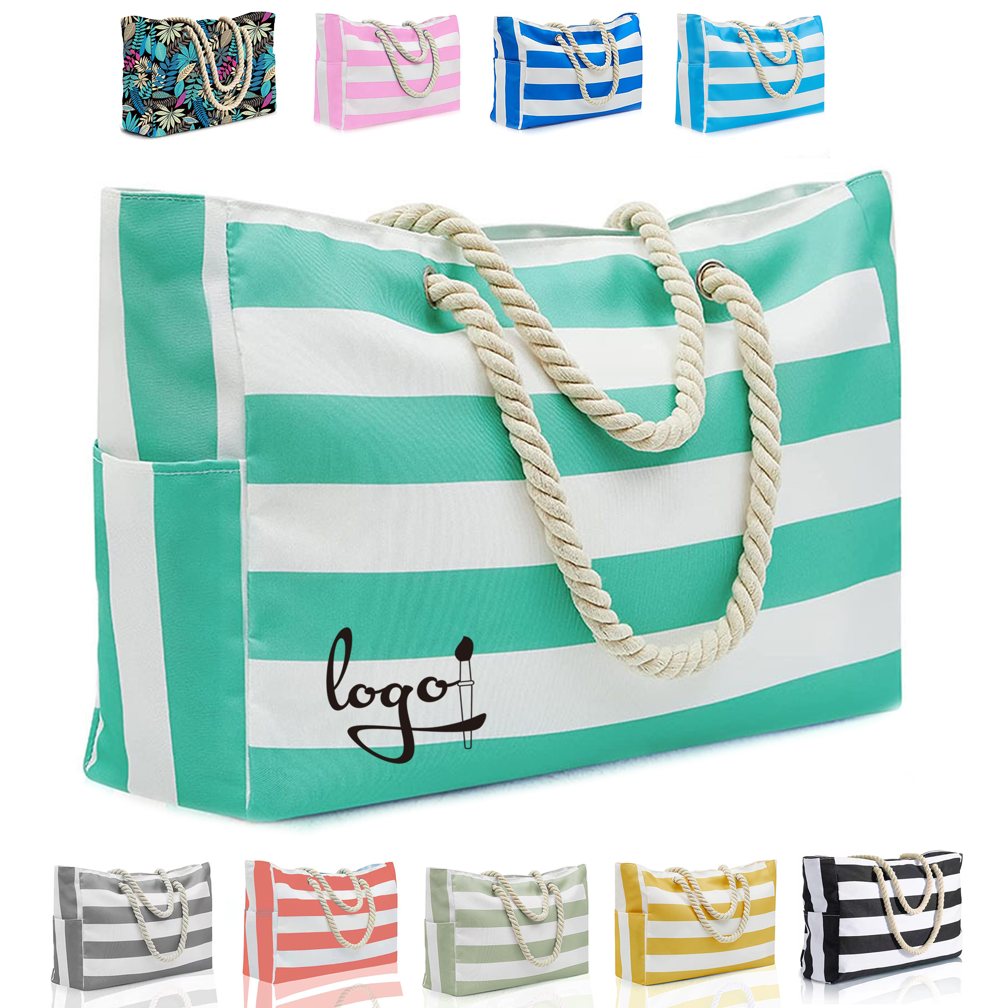 MOQ20 Striped Canvas Beach Tote With Rope Handle, custom tote bag with logo imprint 2