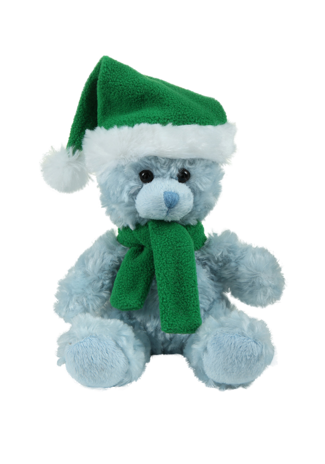 soft plush Blue Curly Sitting Bear  with Christmas scarf &hat