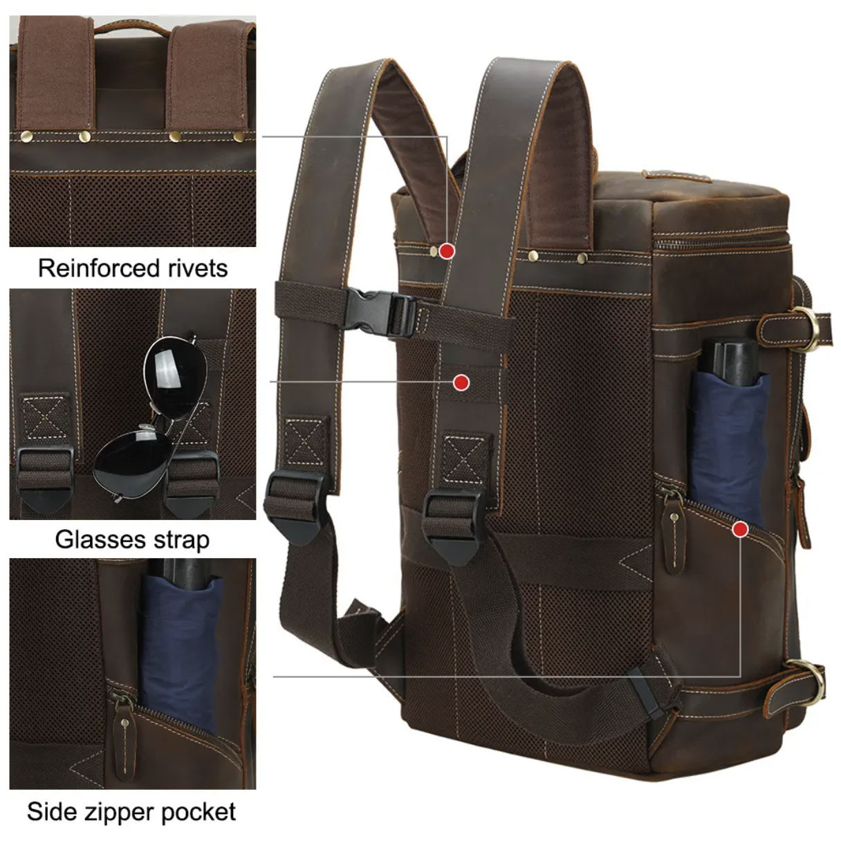 Large Capacity Men's Crazy Horse Leather 15.6 Inch Backpack 4