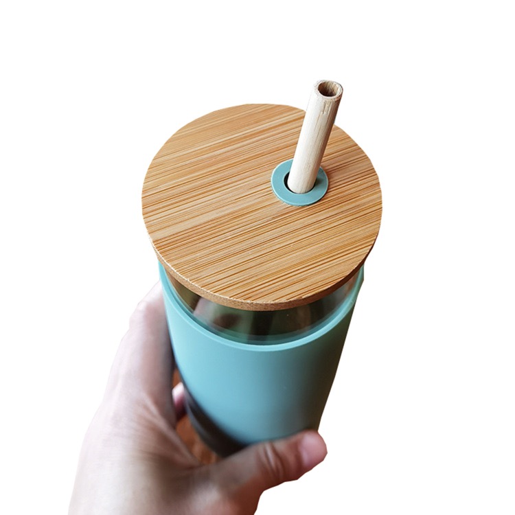 17oz Office glass bamboo lid straw cup 1