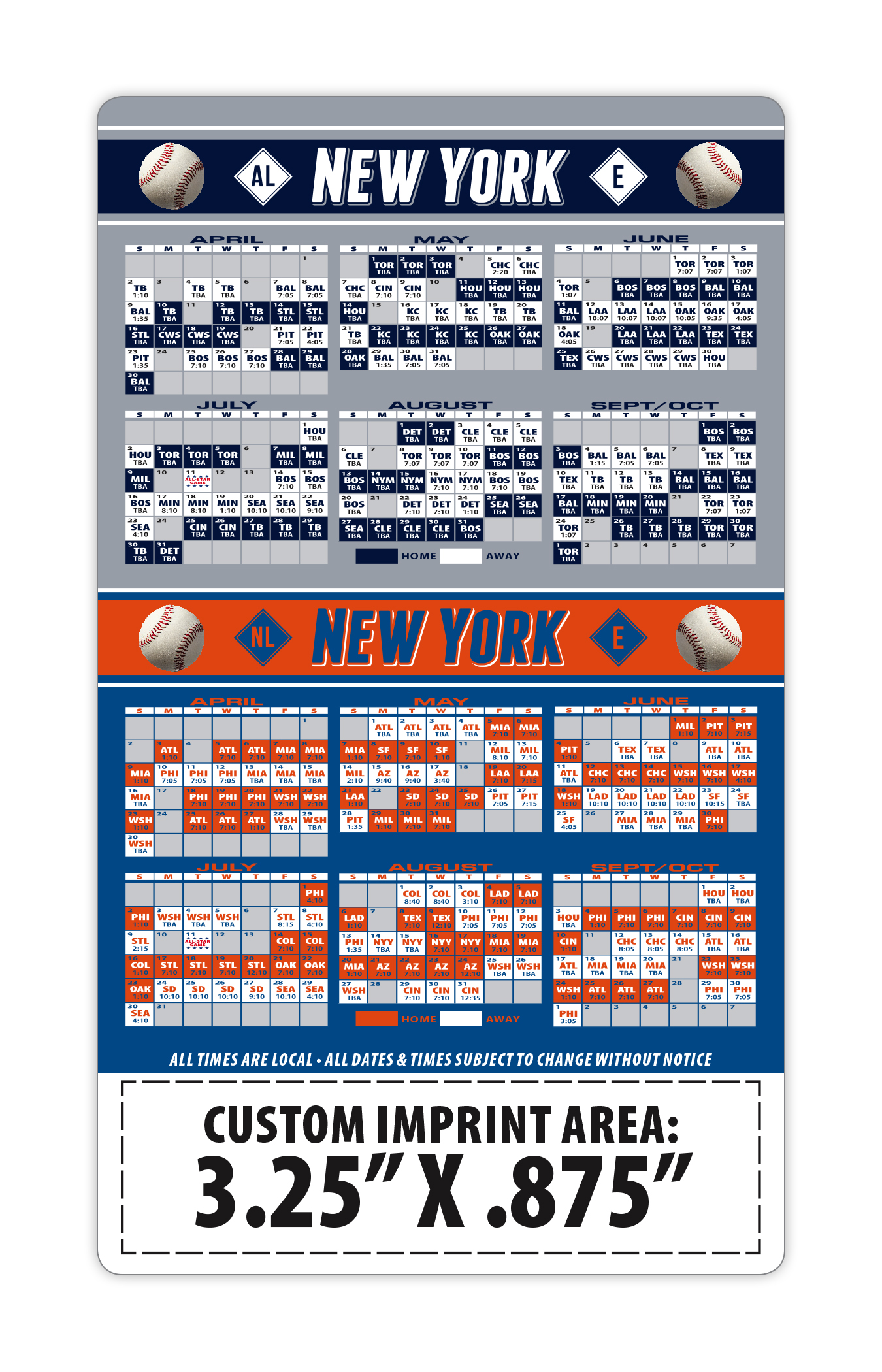 Magnet Sport Schedules - 3.5x6 Baseball Round Corners - 25 mil. 3