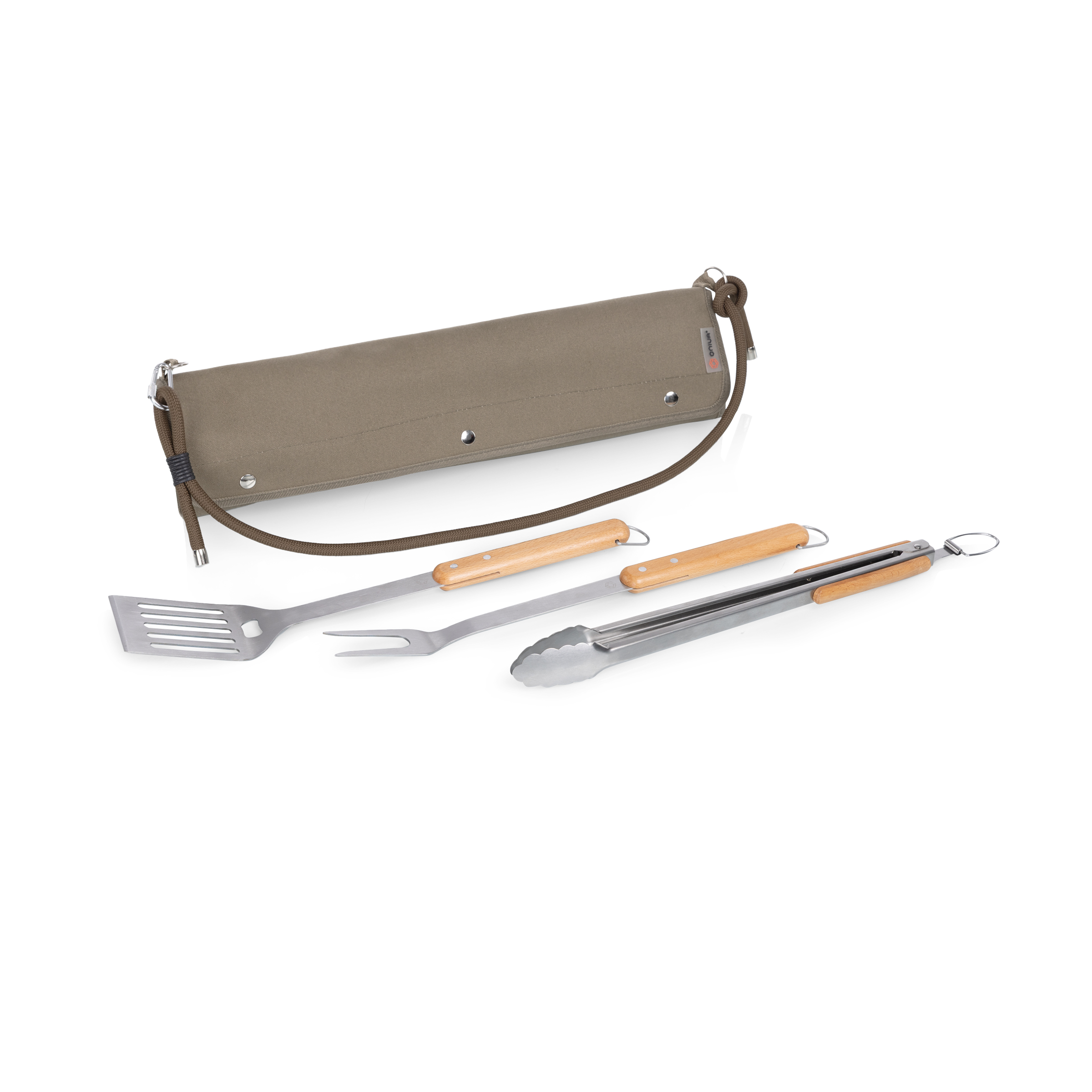 BBQ Roll Up 3 Piece Set - Green Canvas with Beechwood Tools