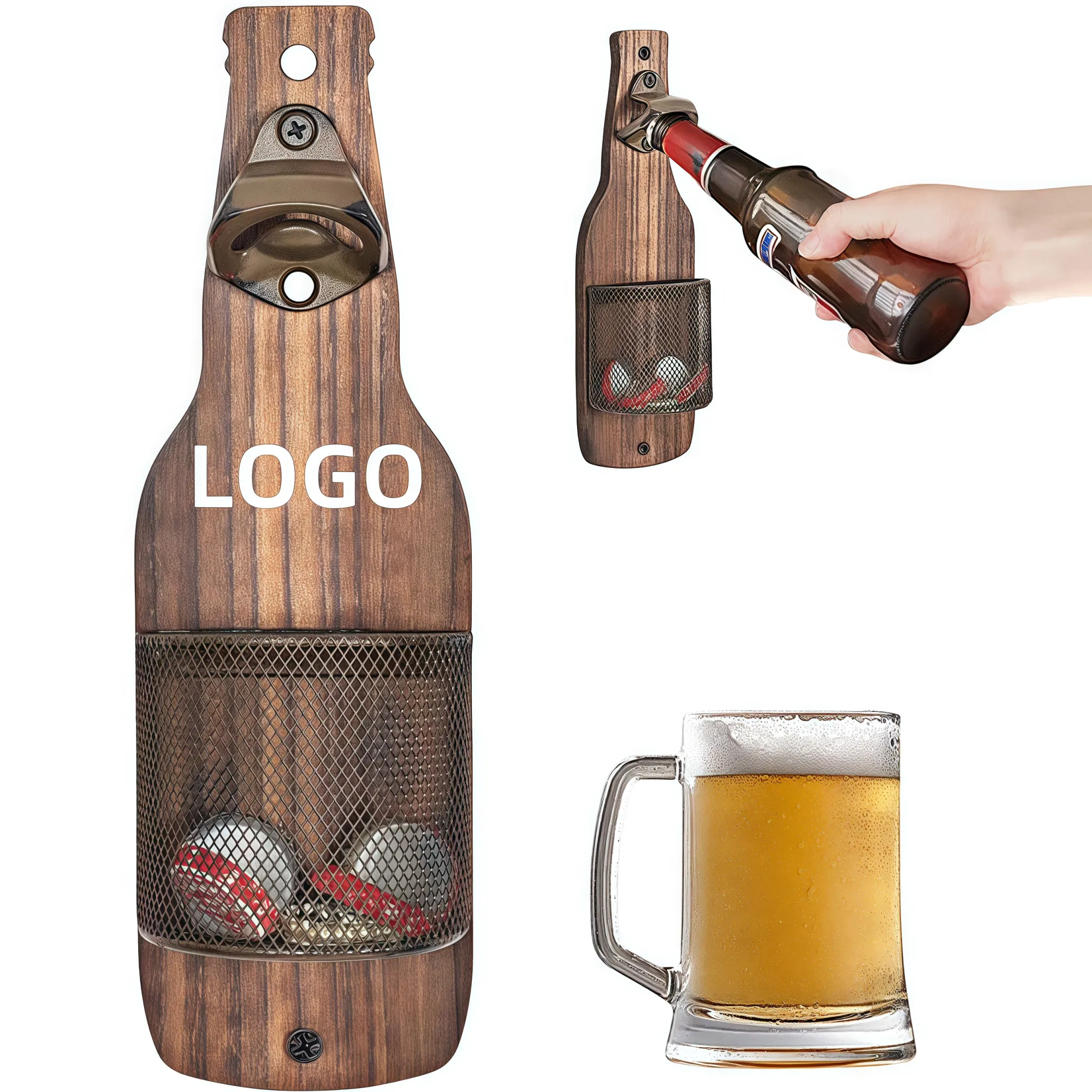 MOQ Wooden Wall Mounted Bottle Opener with Cap Catcher 2