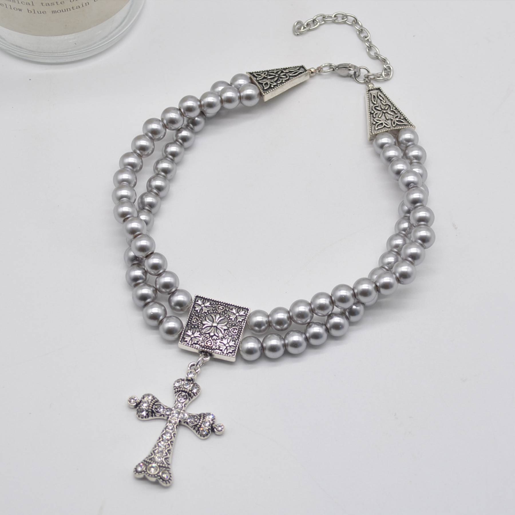 Alloy Double grey pearl rhinestone cross necklace 6