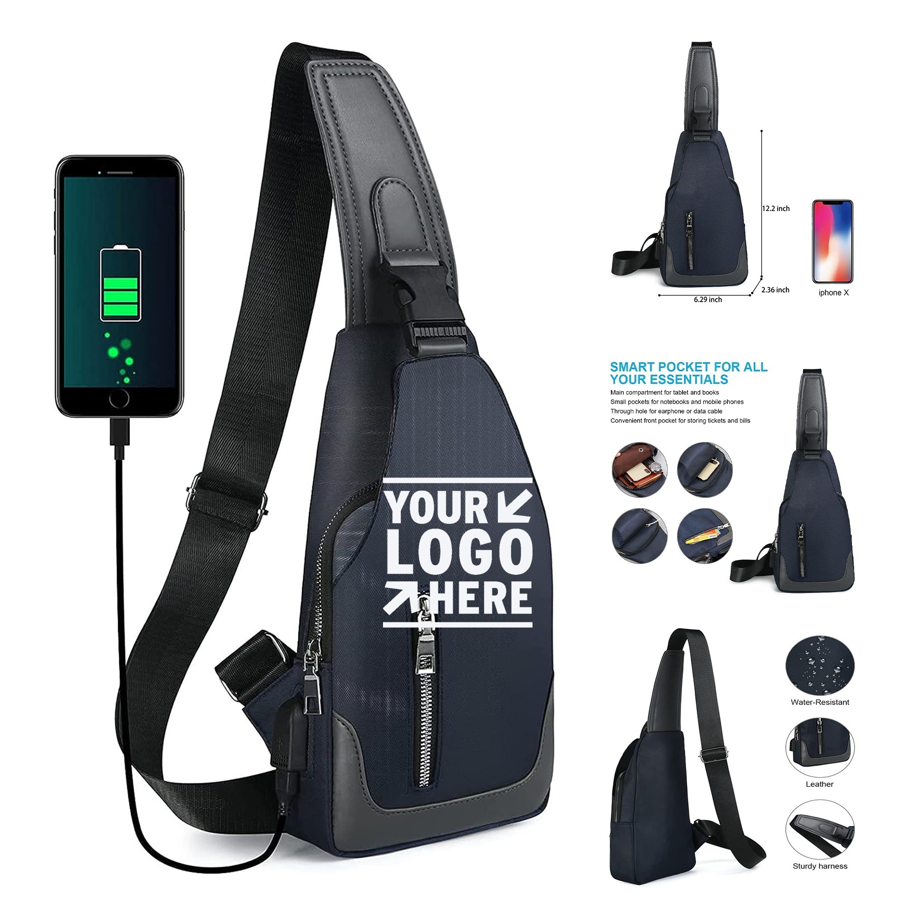 Men Chest Crossbody Daypack Shoulder Bag Sling Backpack With USB Charging Port 2