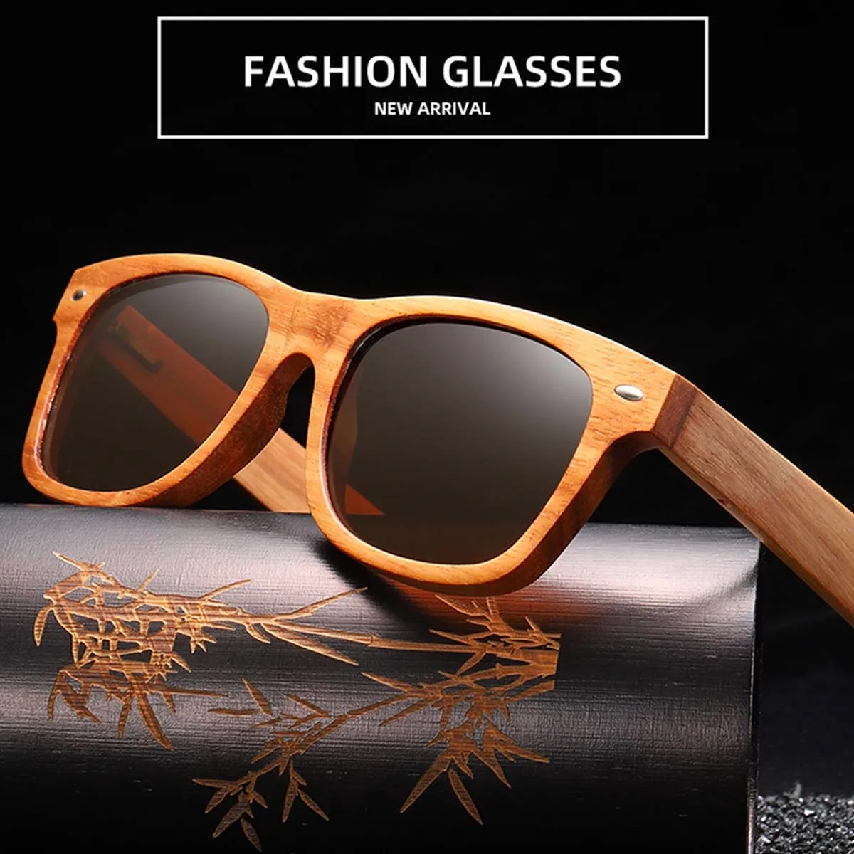 UV400 Unisex Wooden Frame Square Polarized Sunglasses 2