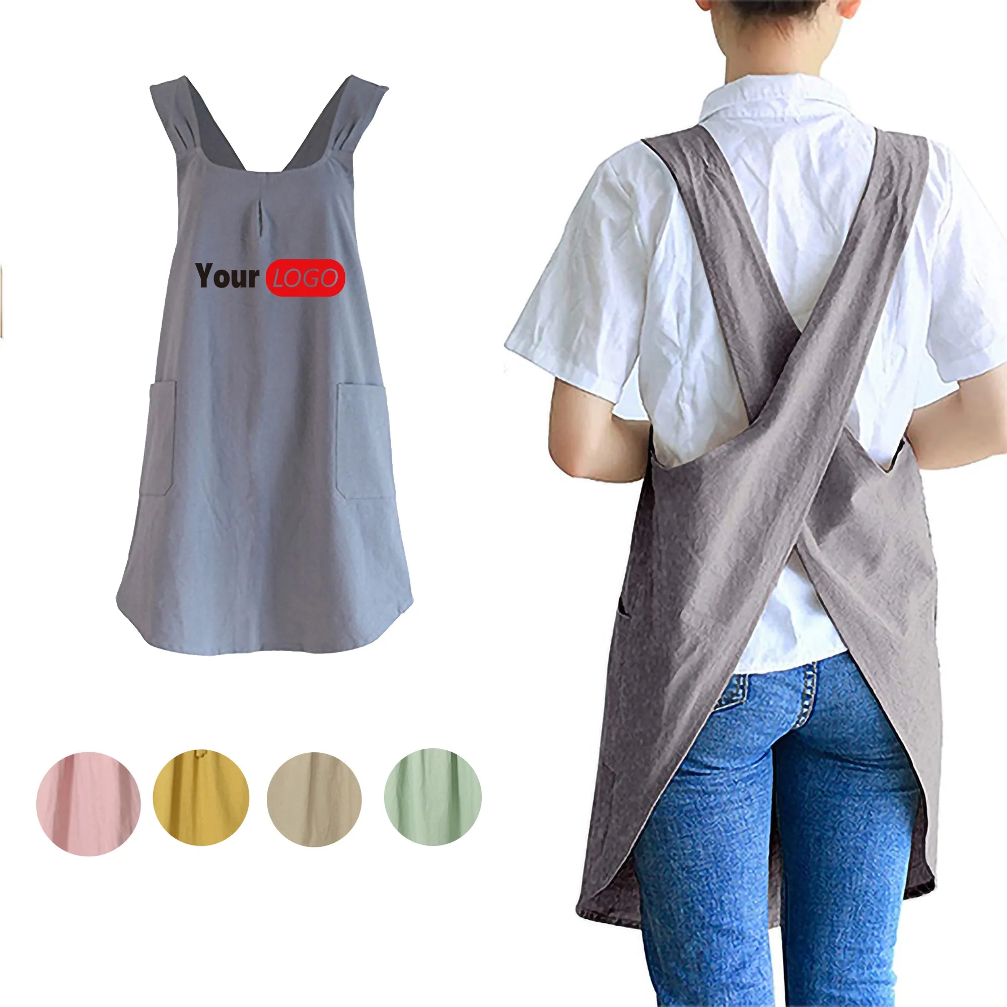 Versatile Cotton Linen Apron  Cross-Back Straps Dual Pockets 1