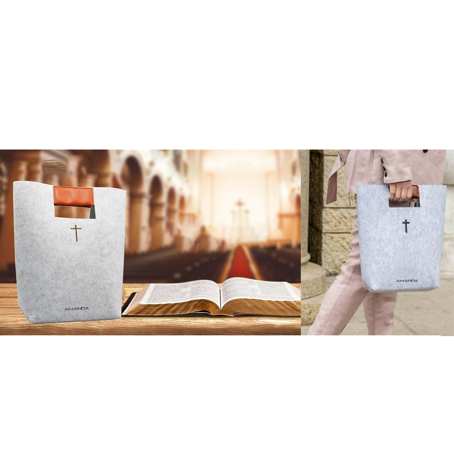 Carved Cross Felt Bible Church Outdoor User Thick Tote Bag 12