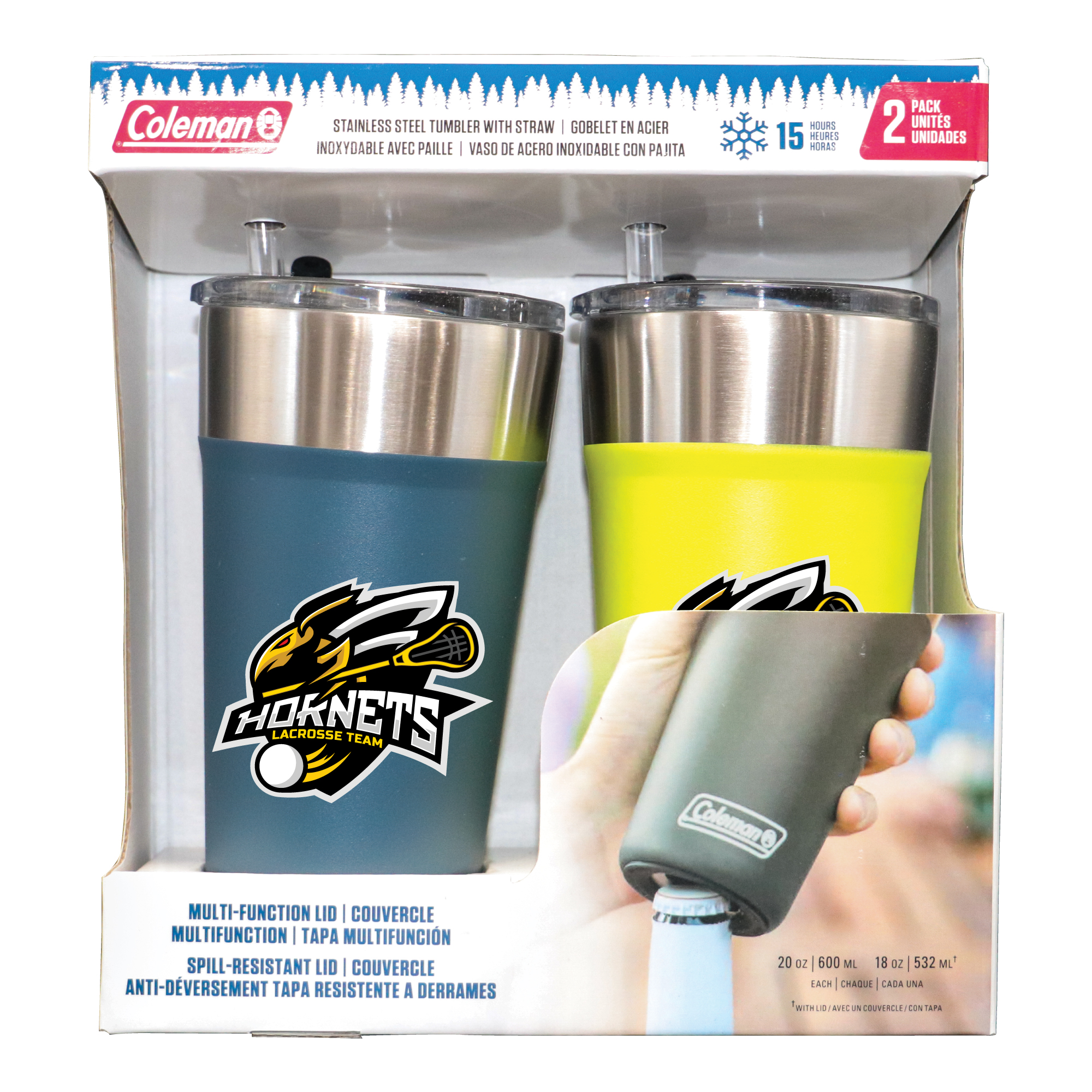 20 oz Green and Blue Stainless Steel Coleman Tumblers with Straw