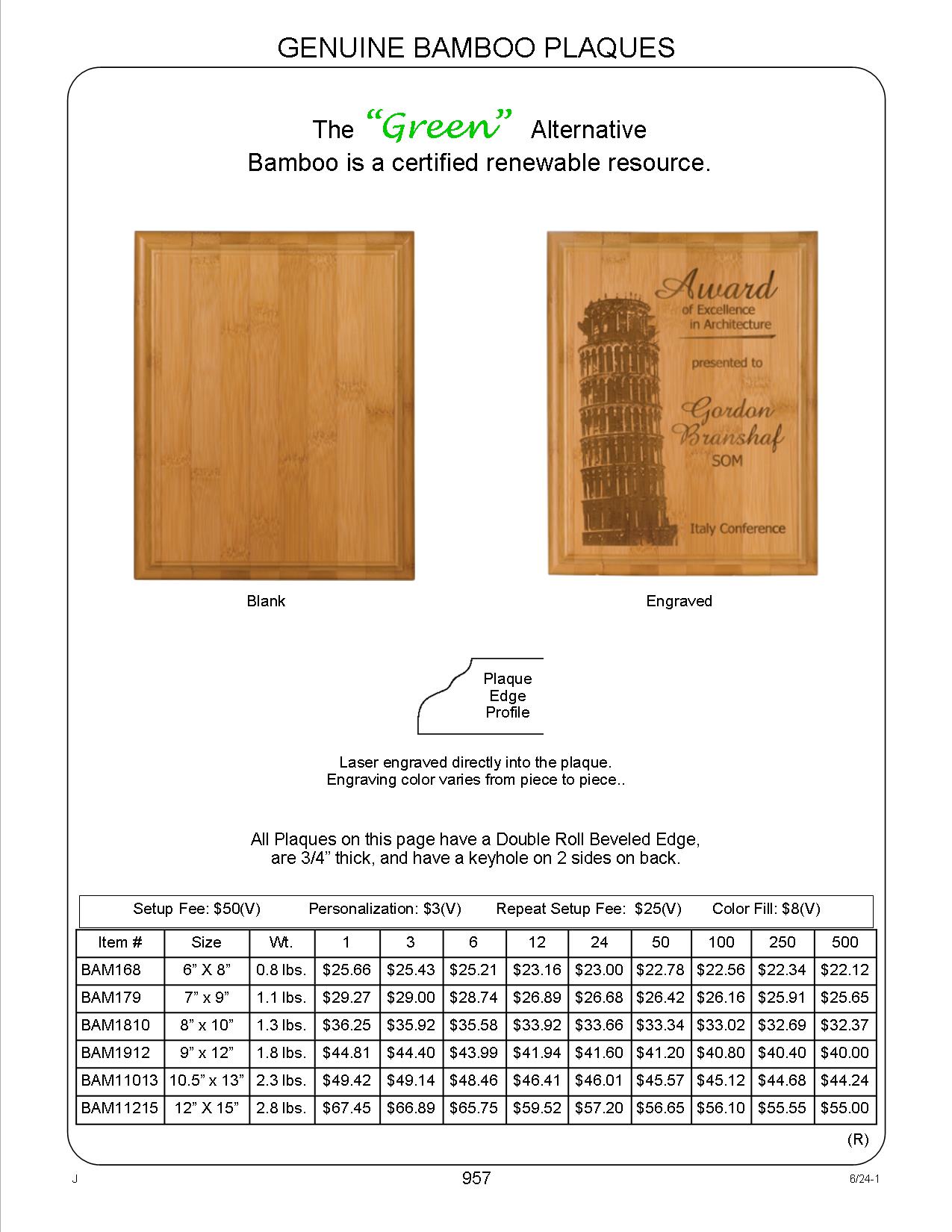 10.5" x 13" Genuine Bamboo Plaque 2