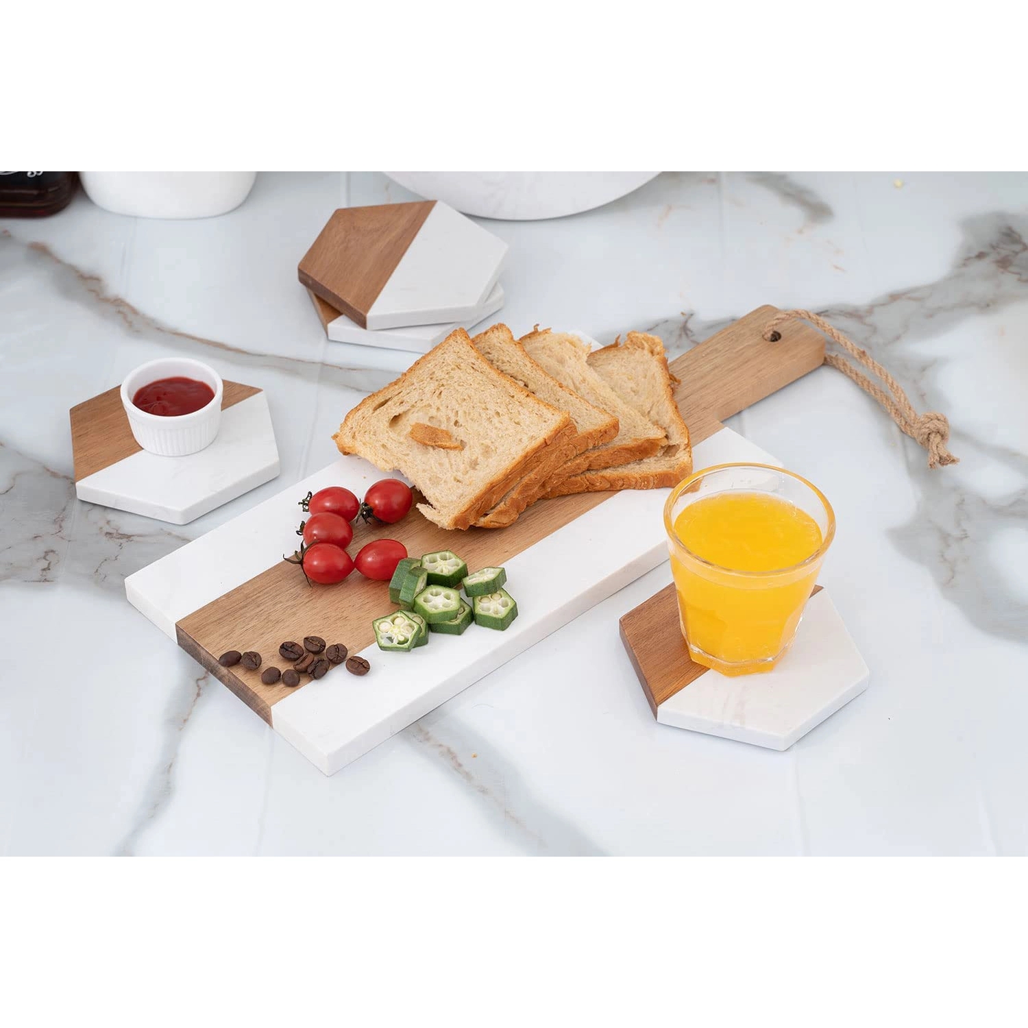 Acacia Wood And Marble Hexagon Coasters 3