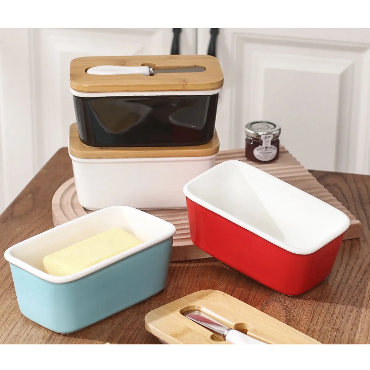 Kitchen Ceramic Butter Dish with Bamboo Lid & Knife 5