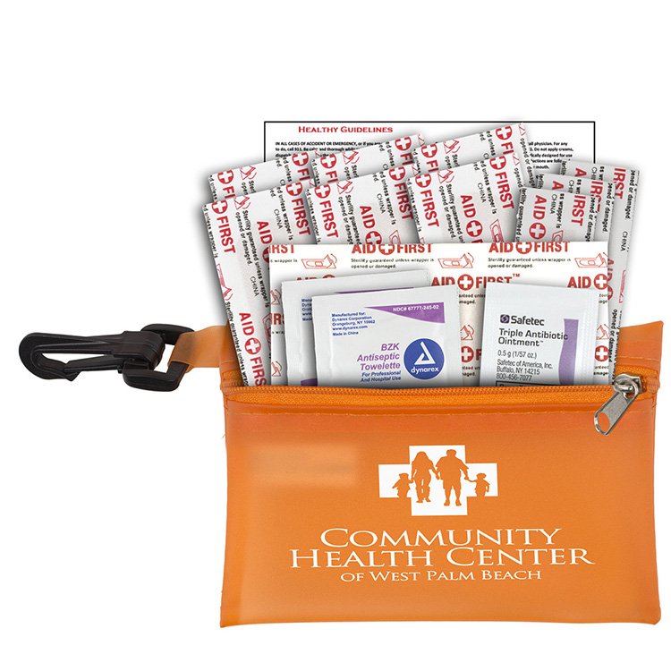 "TROUTDALE PLUS" 14 Piece First Aid Kit in Translucent Zipper Kit with Plastic Carabiner Attachment 6