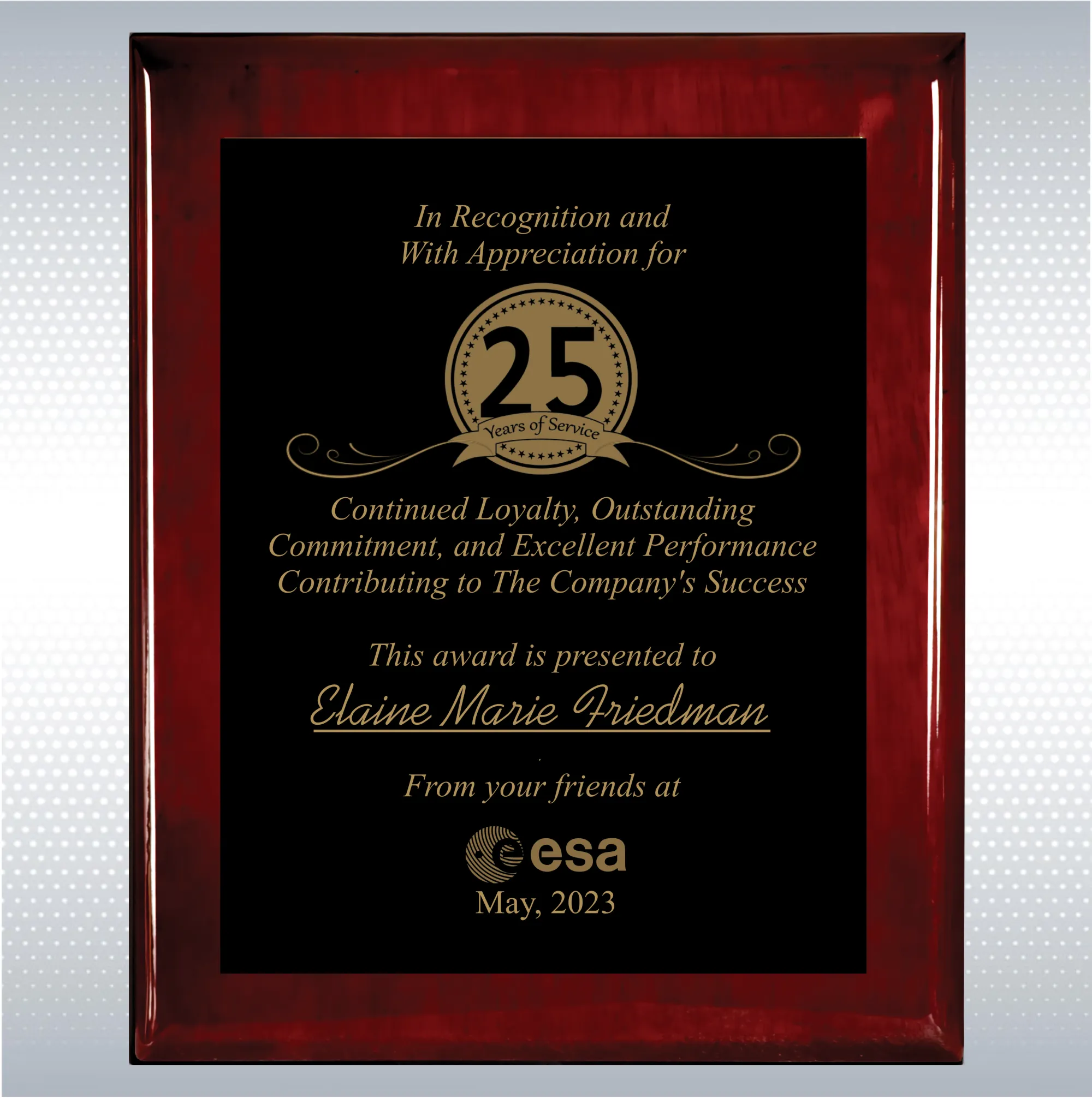 Rosewood Piano Finish Wood Plaque  Years of Service Award 14