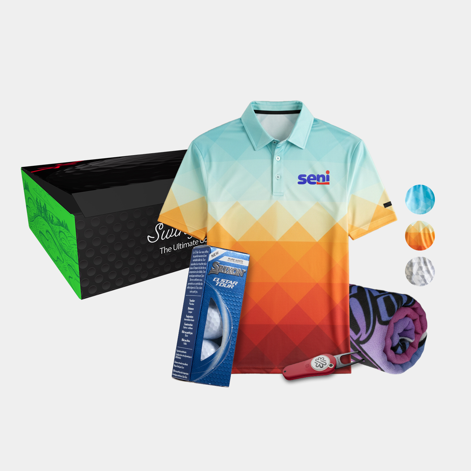 YATTA Golf® Abstract Men's Polo Shirt, Towel, Srixon® Golf Balls & Pitchfix® Icon Divot Tool Gift Set 9