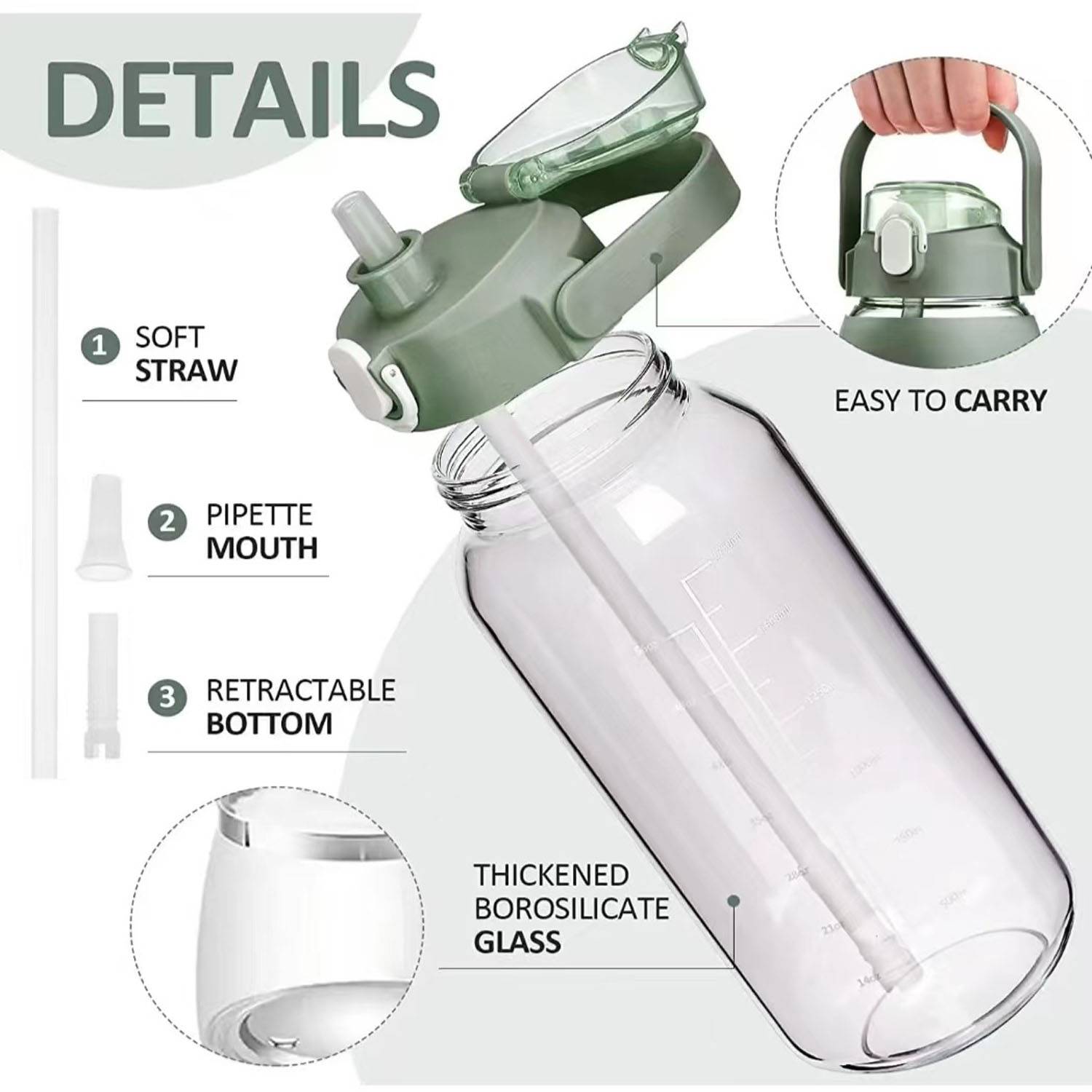 64oz Portable Glass Water Bottle w/ Straw Lid 6