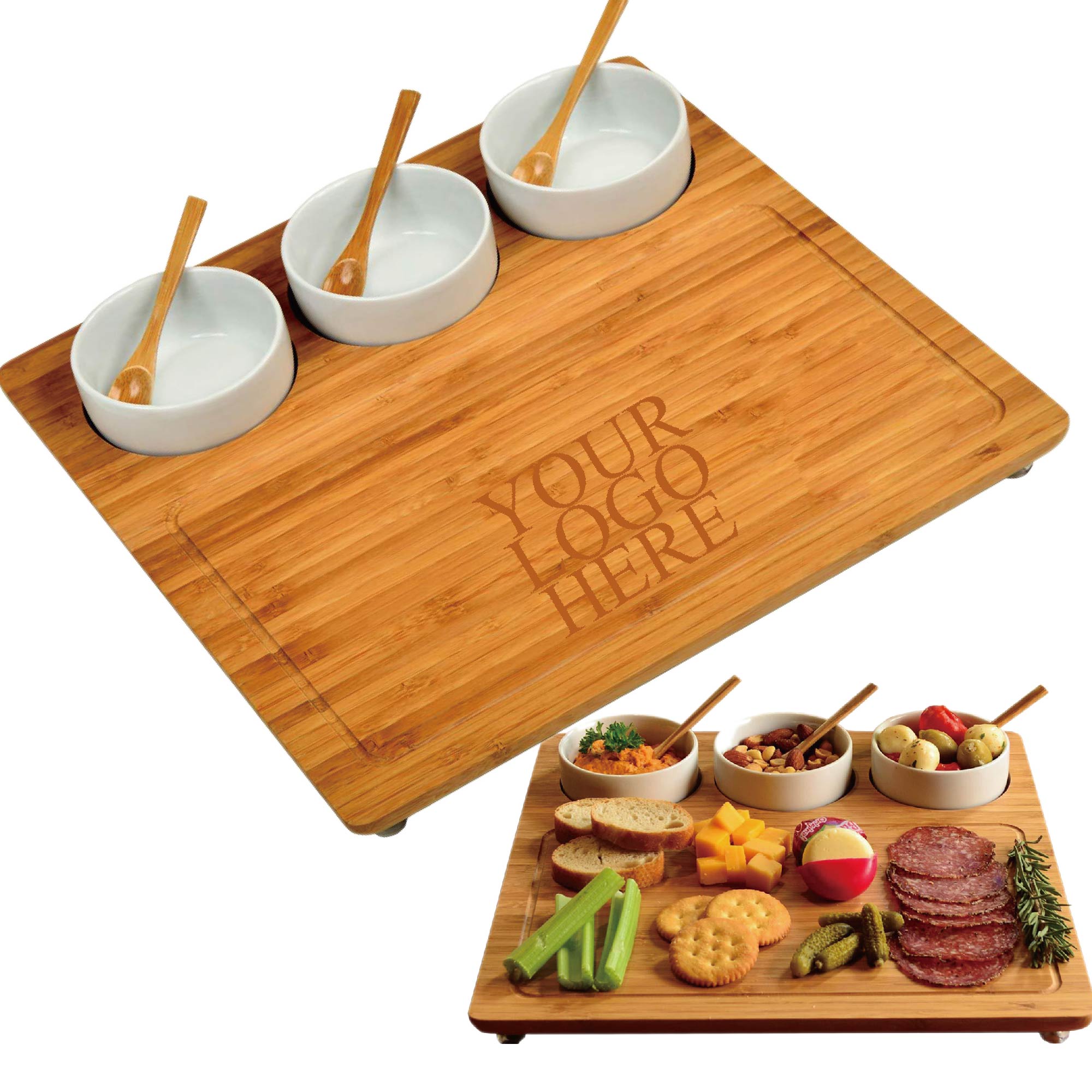 Bamboo Cutting Board with Ceramic Dish 1