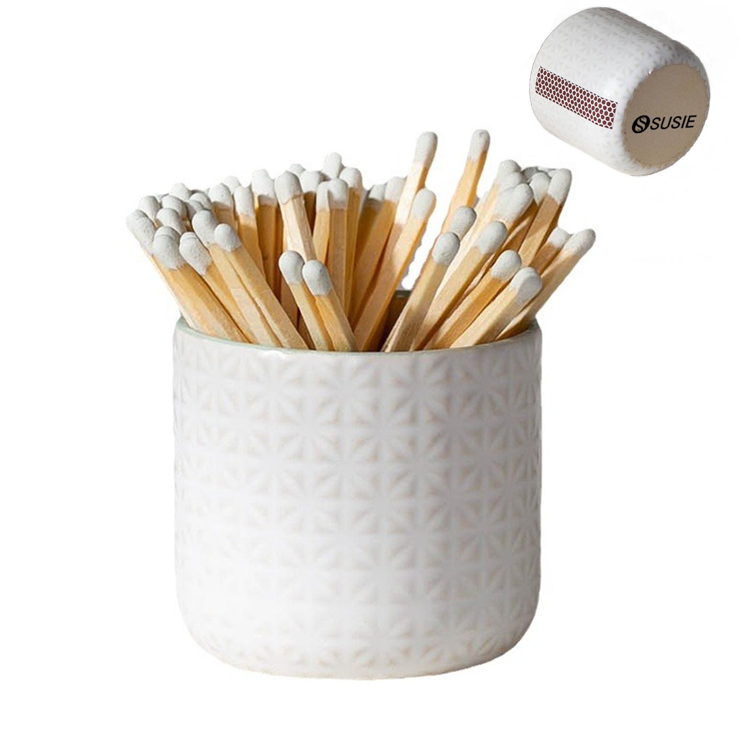 White Ceramic Match Holder With Matchstick 1