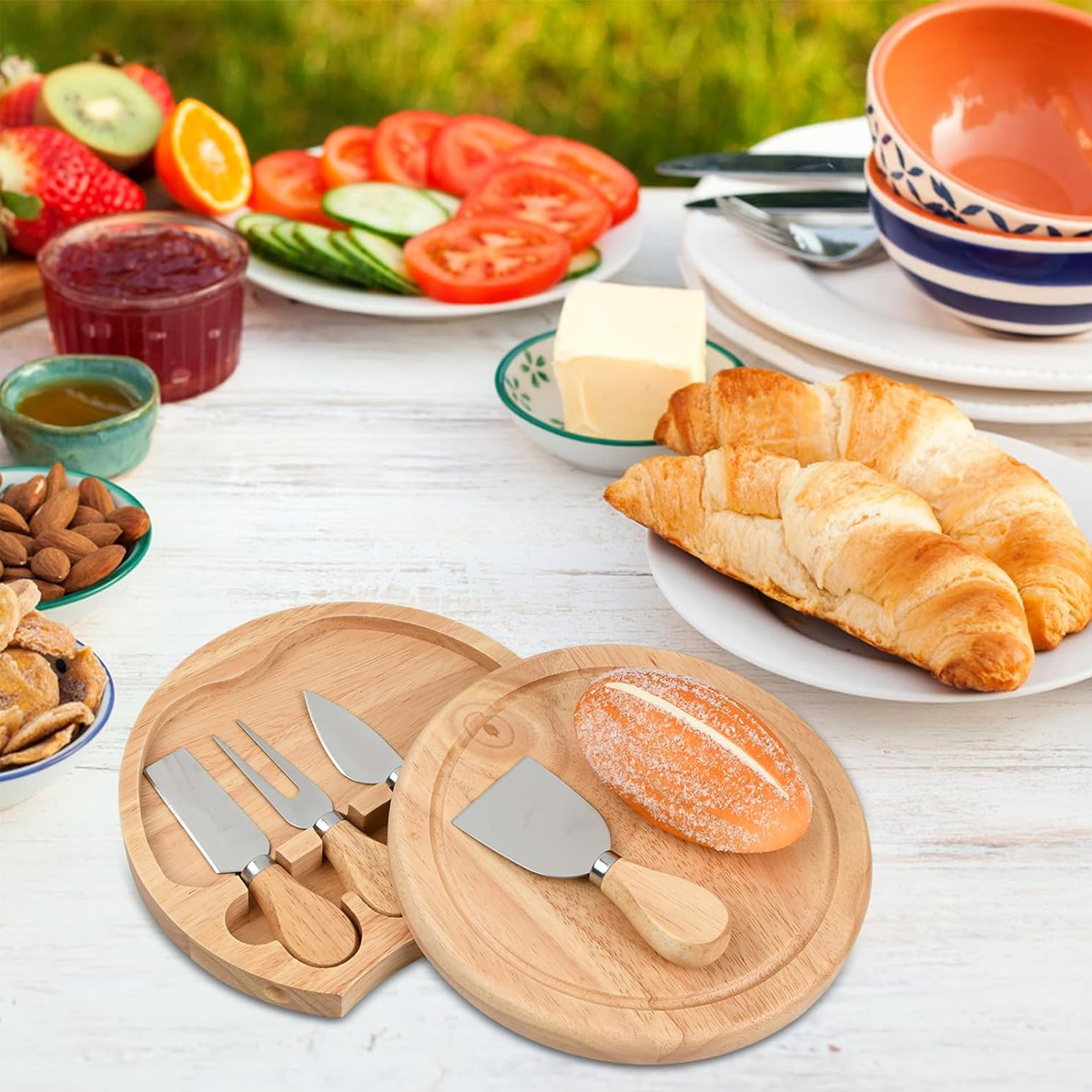 Round Wood Cheese Board with Knife Set 5