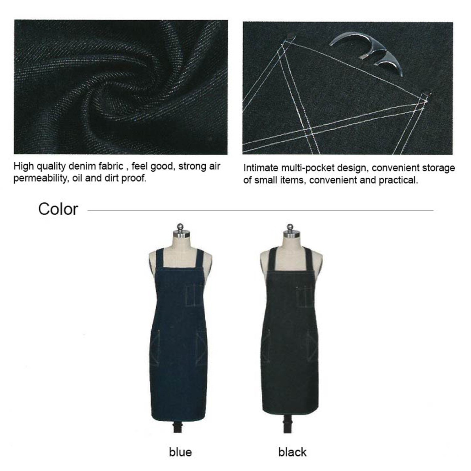 Cotton Denim Kitchen Aprons w/ Cross Strap & 3 pockets 3