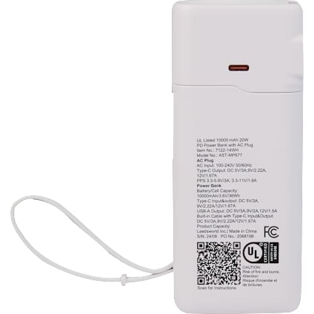 UL Listed 10,000 mAh 20W PD Power Bank with AC Plu 78