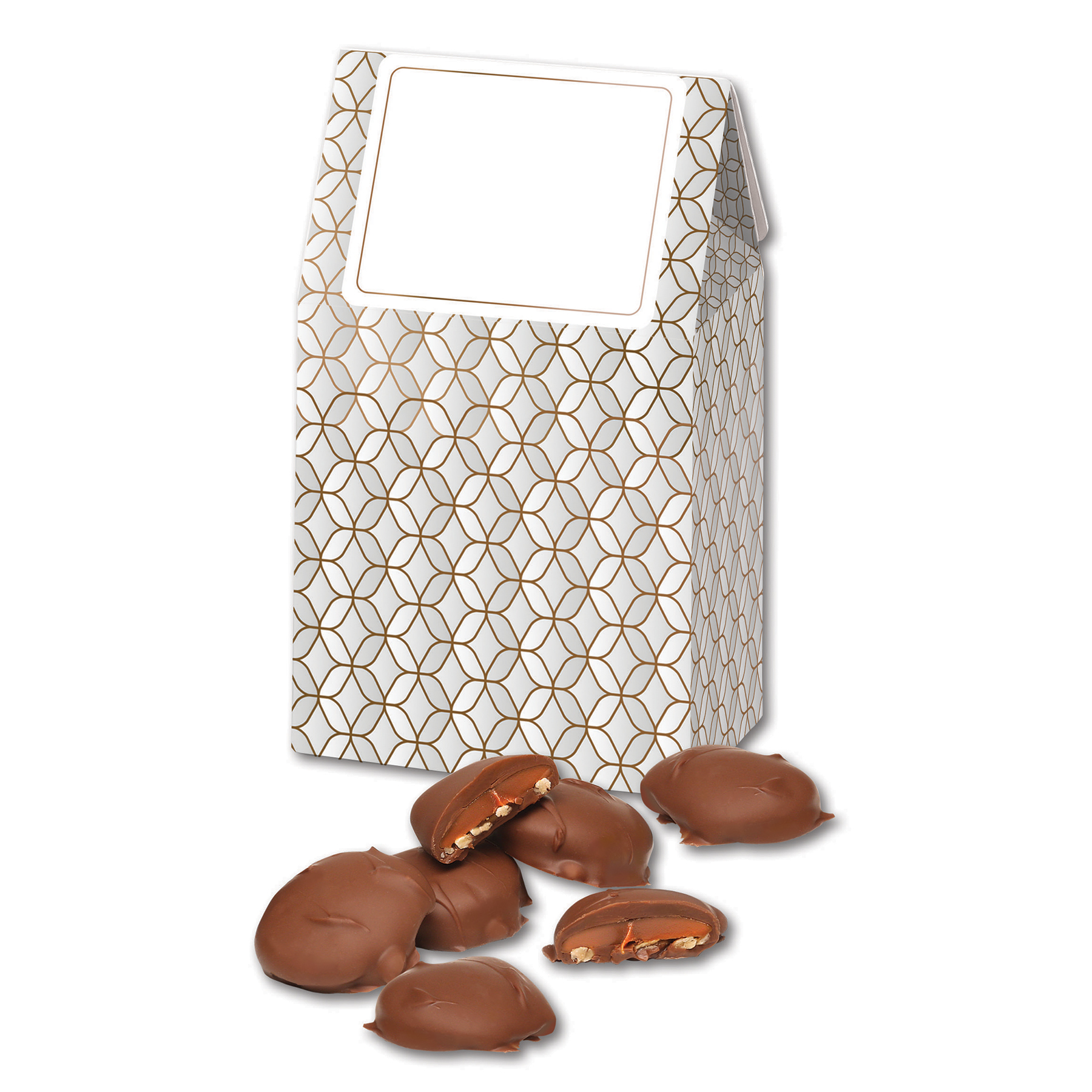 Caramel Pecan Clusters in Silver & Gold Geometric Gable Top Gift Box 3