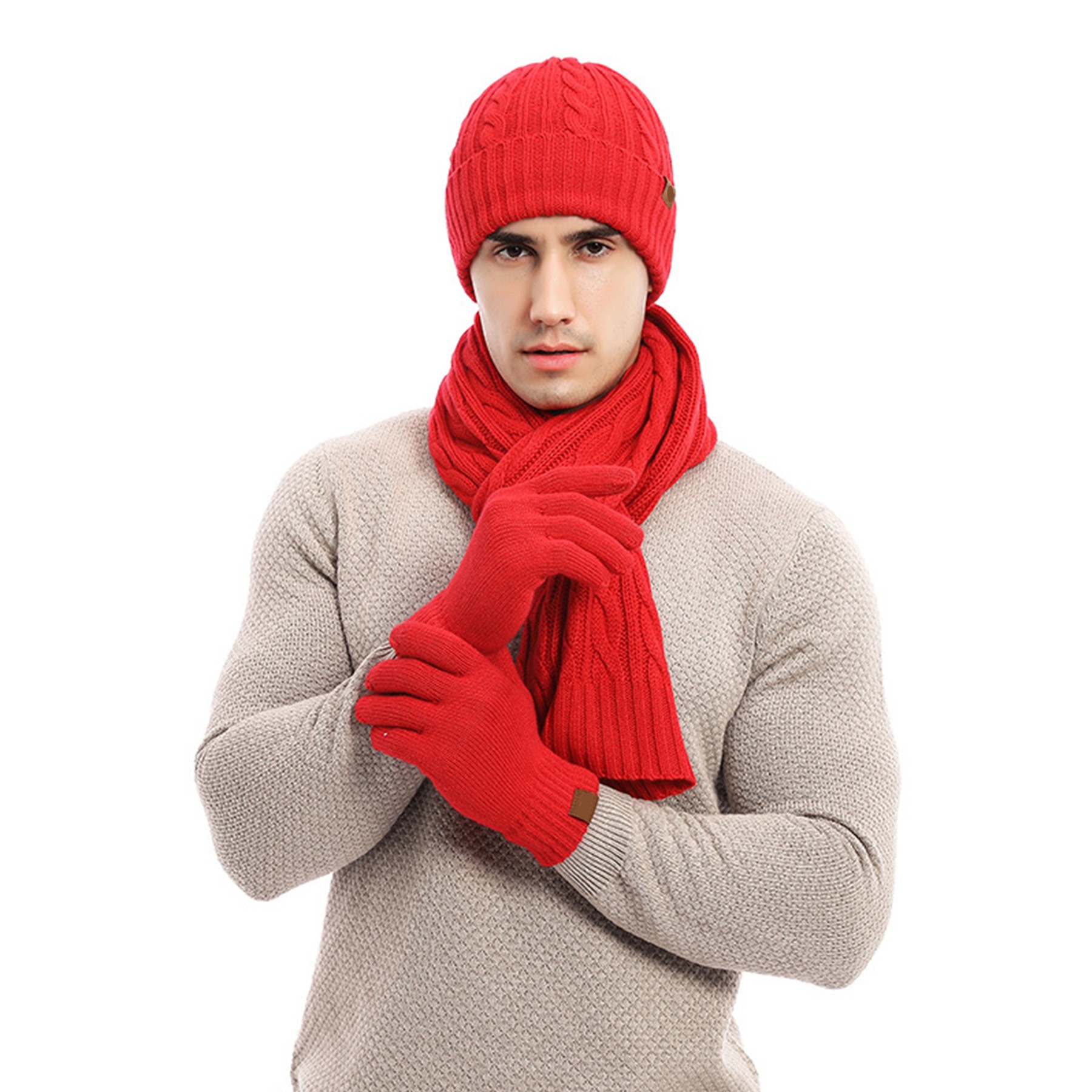 3PC Twist Pattern Wool Cashmere Beanie Scarf Gloves Set 3