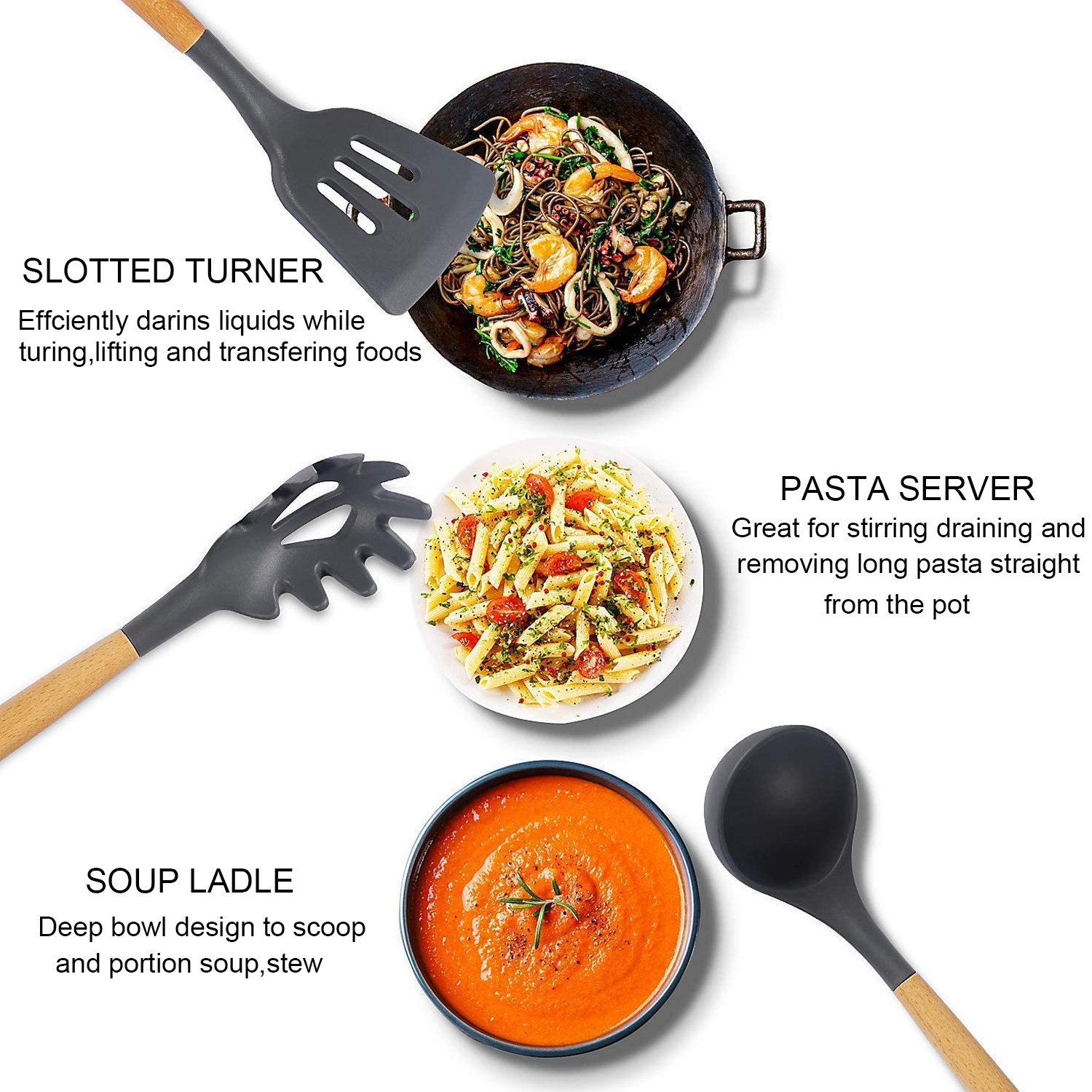 Wooden Handle Silicone Kitchenware Set 5