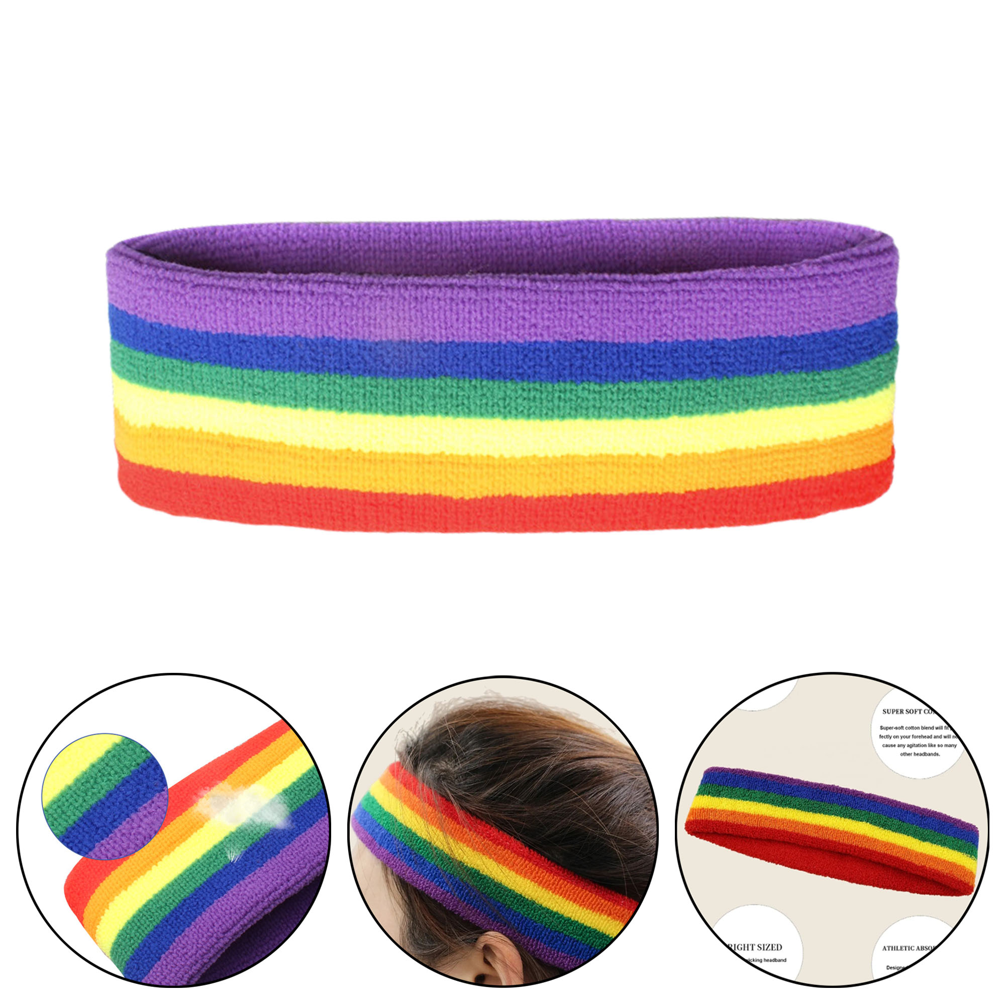 Rainbow Wristband Headband High Elasticity Sweat Absorbent Sports Running Basketball Hairband Sweat, custom athletic wear with logo imprint 3
