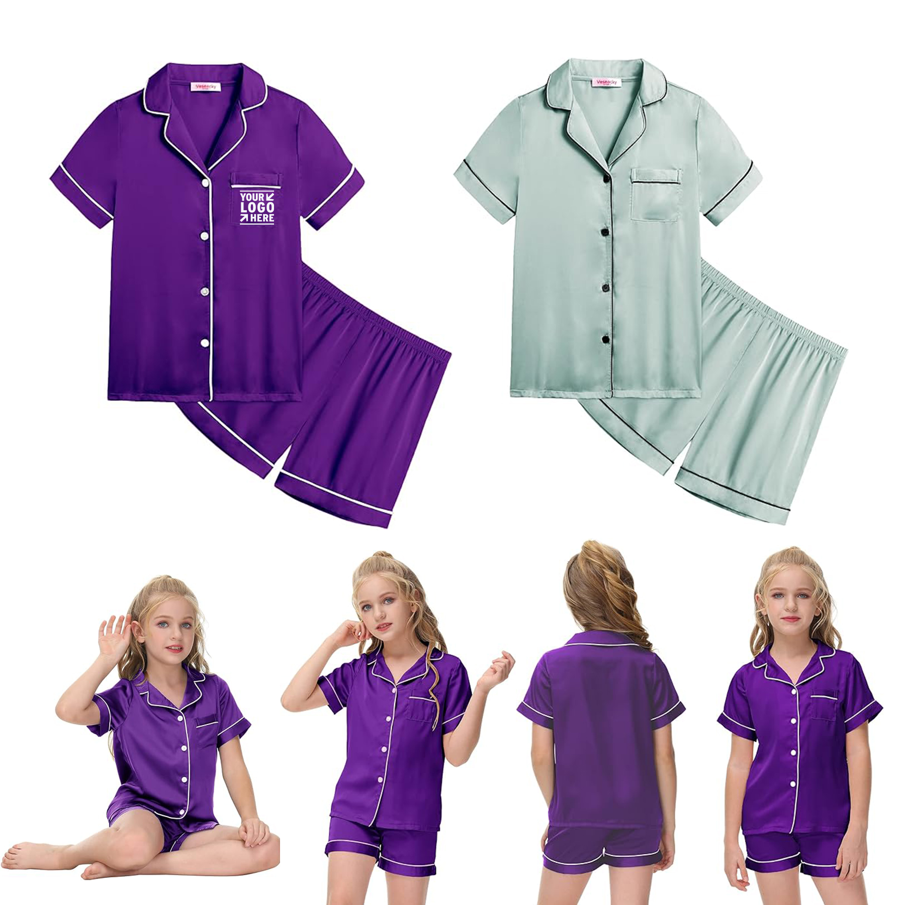 4-13T Boys Girls Unisex Satin Pajamas Set 2 Piece Silk Pjs Short Sleeve Button Down Sleepwear 2