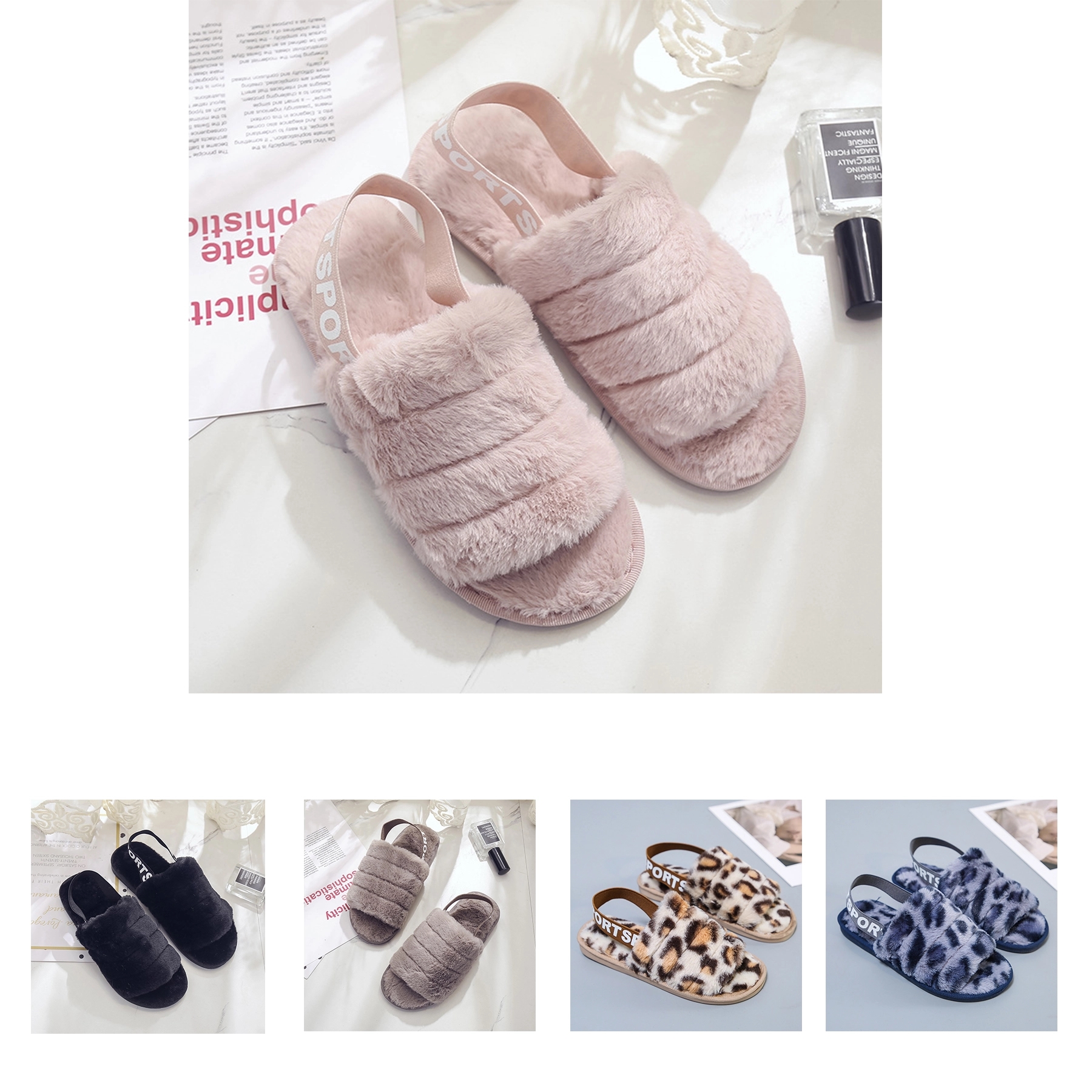 House Slippers Faux Rabbit Fur Open Toe Shoes 2
