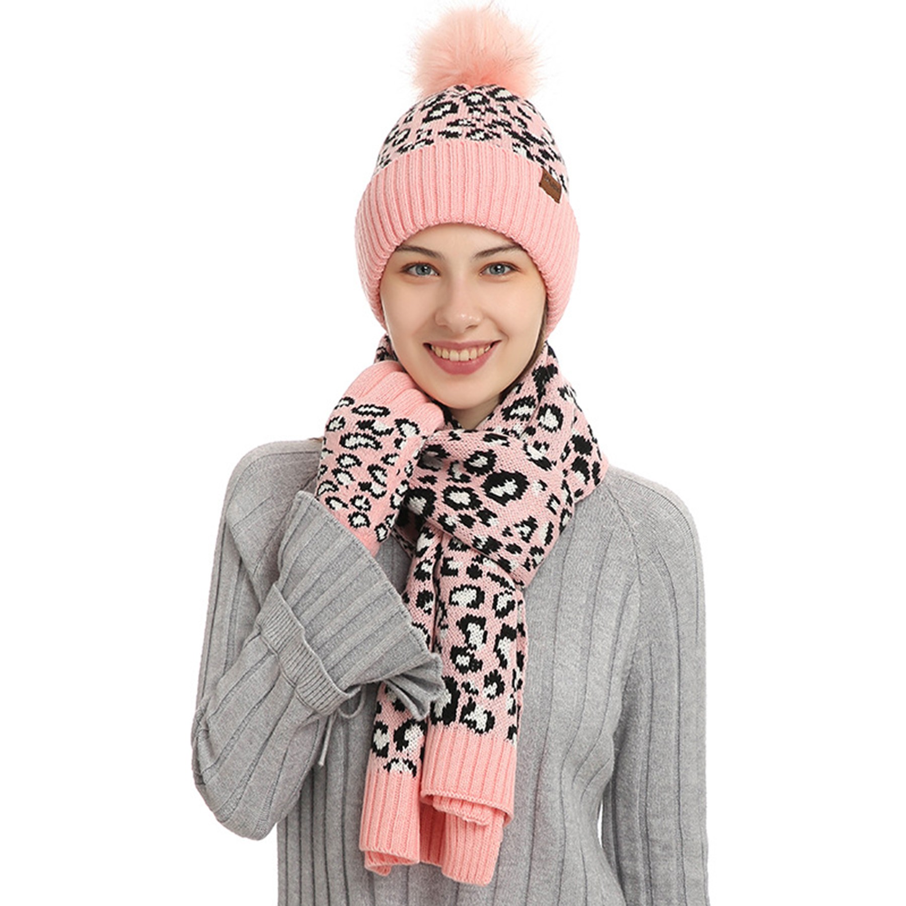 3 Piece Leopard Pom-pom Beanie Gloves Set 4