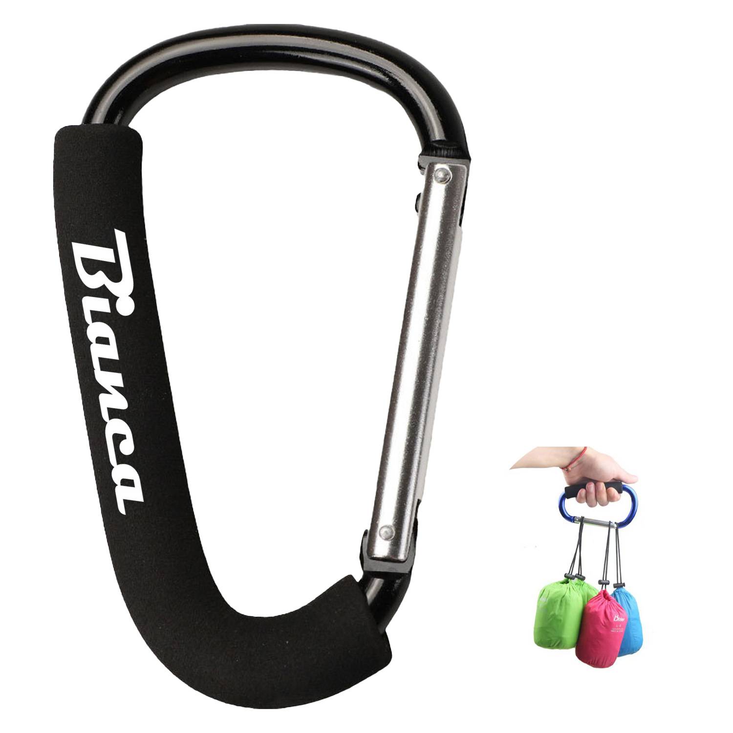 Large Aluminum Carabiner Strollers Hook w/ Sponge Grip 2