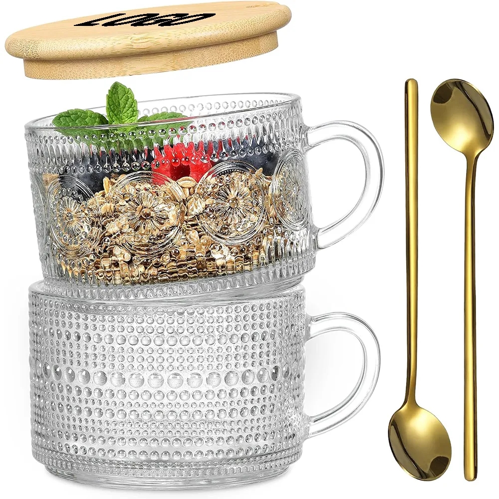 14oz Embossed Glass Iced Coffee Mugs Cups with Lids 5