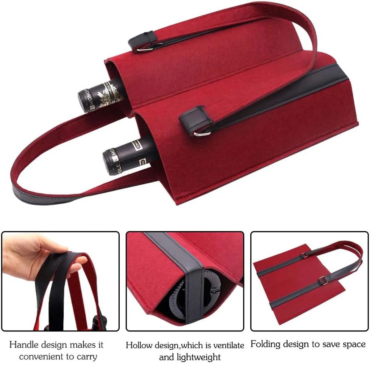 2 Bottle Tote Bag Wine Felt Travel Reusable Gift Carrier 4