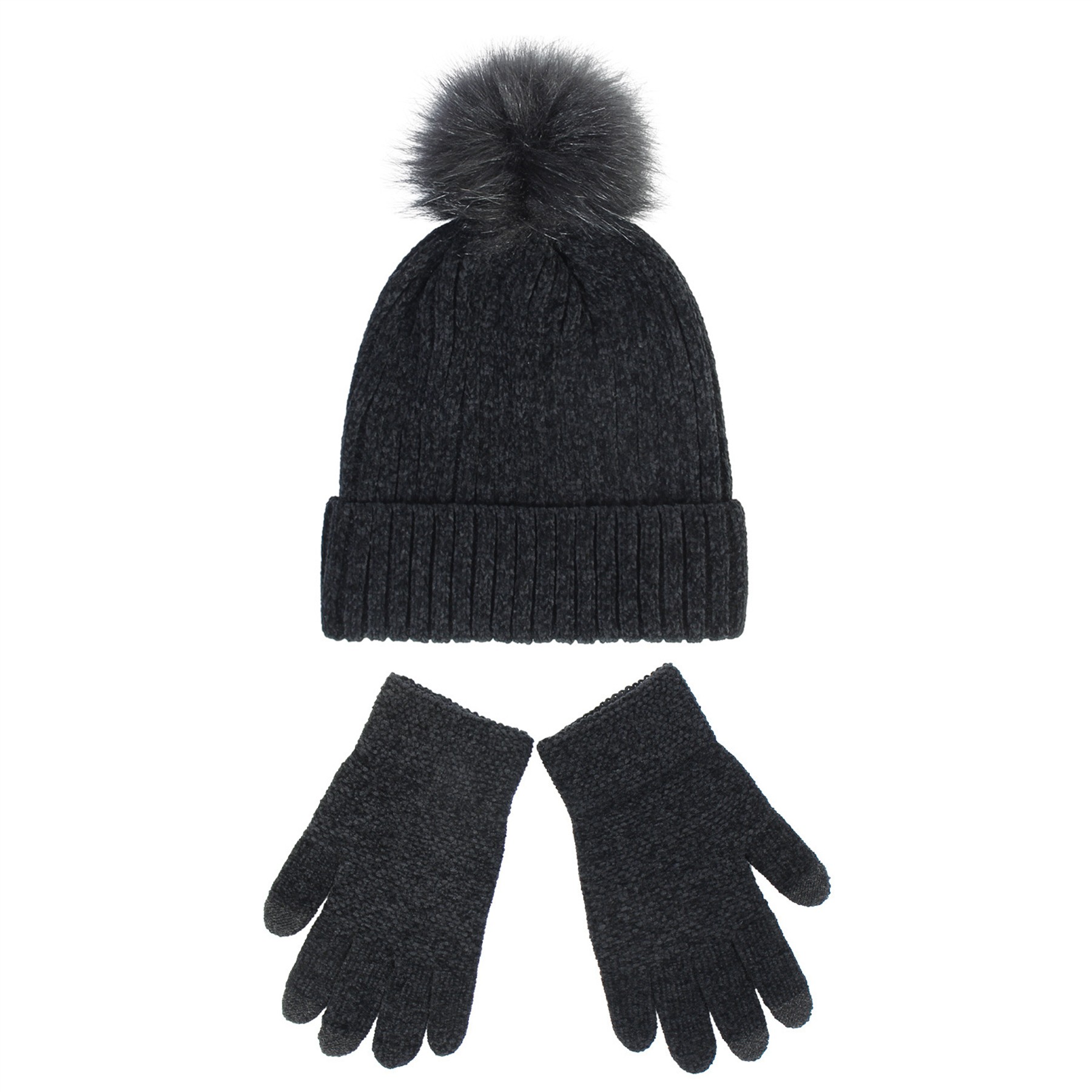 2PCS Chenille Pom Pom Beanie Gloves Set 2