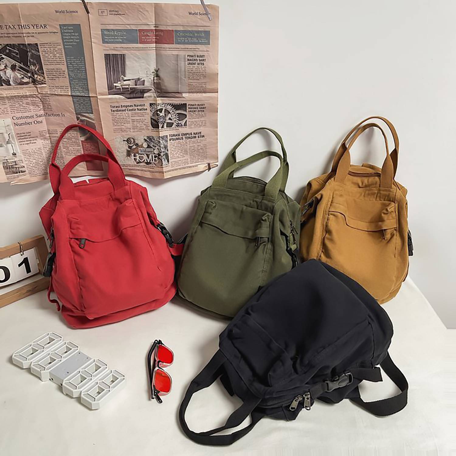 Solid-color Retro Nylon Multi-pocket Backpack 6