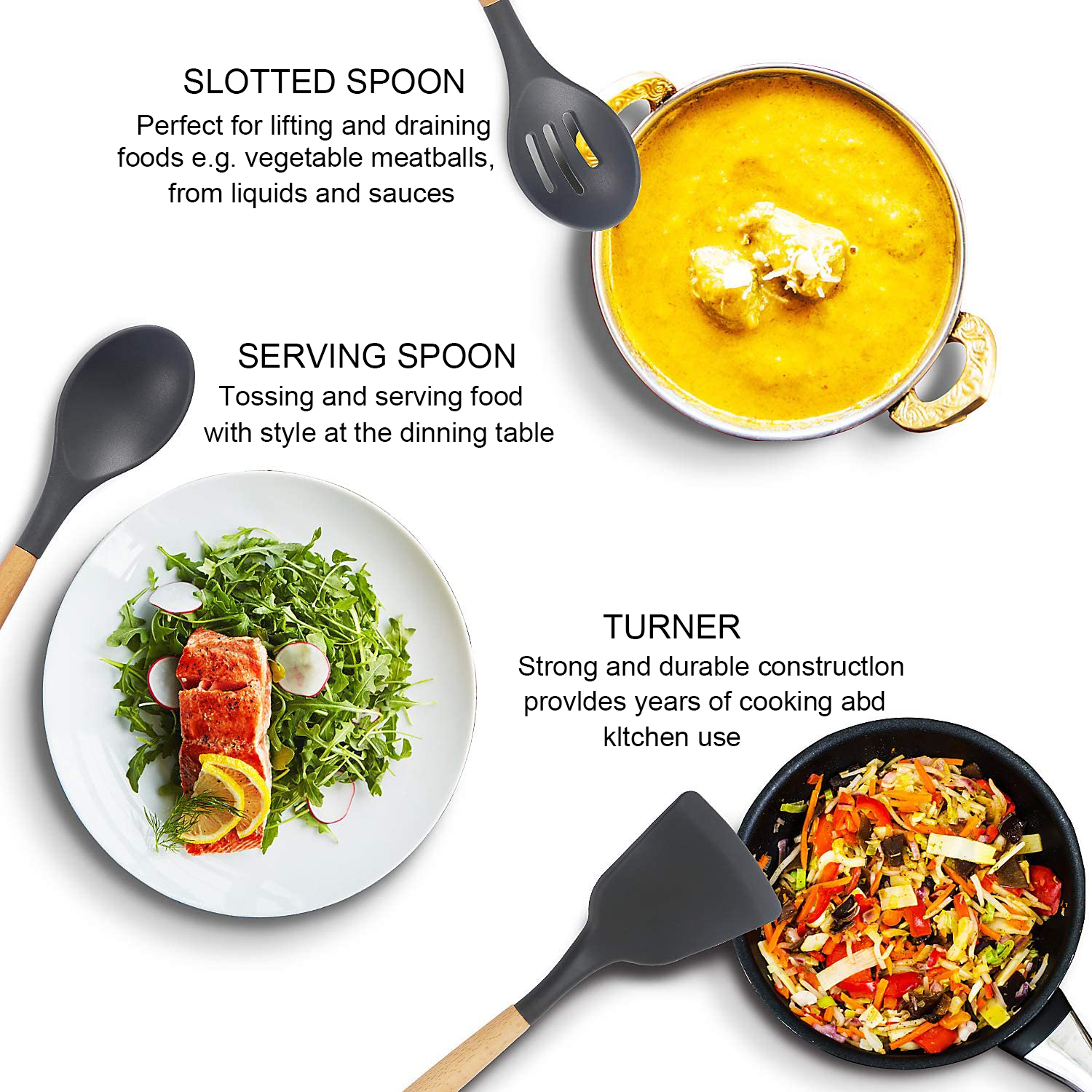 Wooden Handle Silicone Kitchenware Set 2