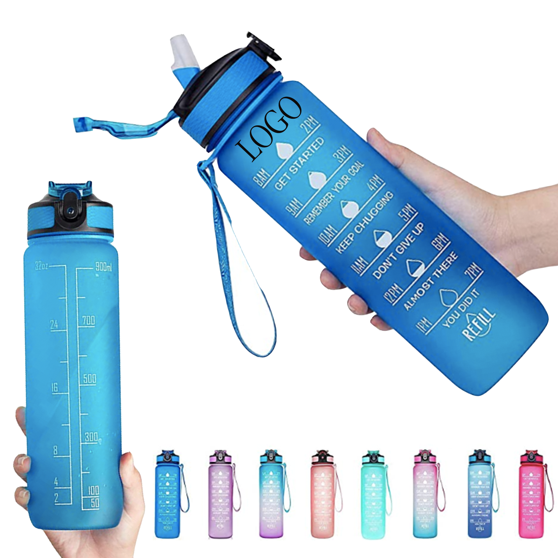 Drinking Water Bottle with Time Marker & Straw 3
