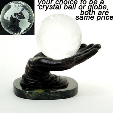 Crystal Ball or Globe on Bronzed Solid Brass hand Holder on Marble Base 1