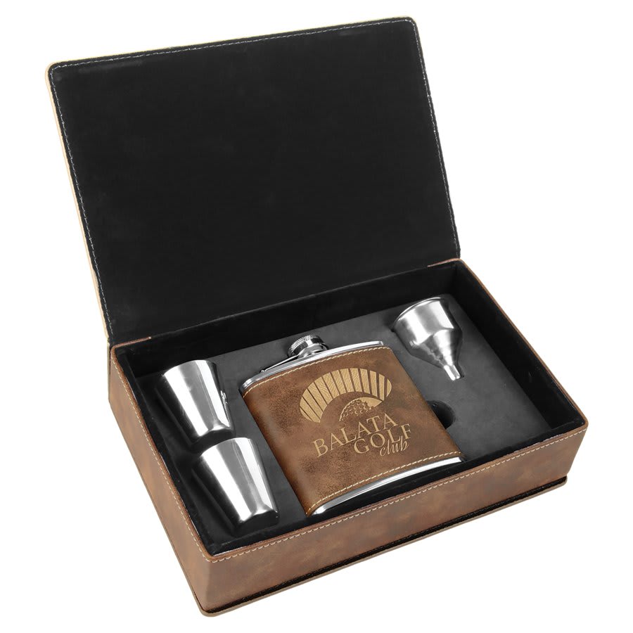 6 oz. Rustic/Gold Leatherette Flask Gift Set 2