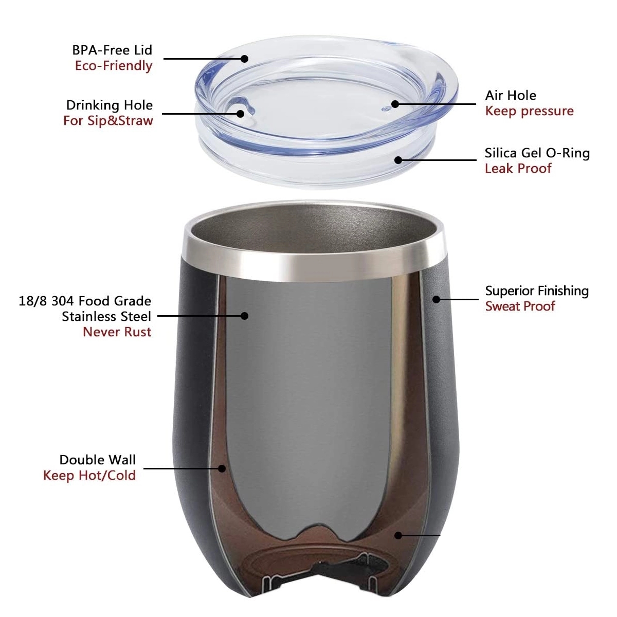 12Oz Stainless Steel Stemless Wine Tumbler With Lid 1