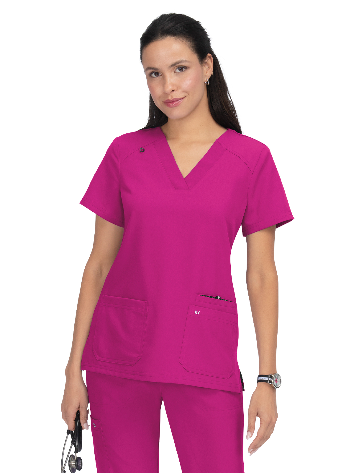 koi - Next Gen - Women's Three-Pocket Wide V-Neck Stretch Hustle and Heart Top 7