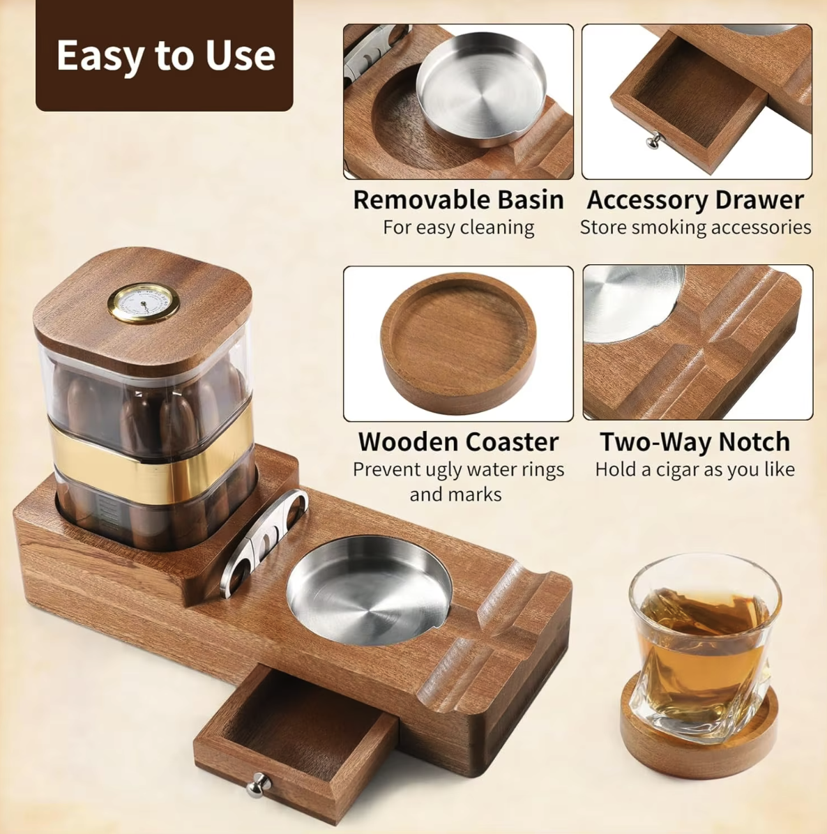 Wooden Cigar Case Humidor Ashtray Set With Cutter Office 1