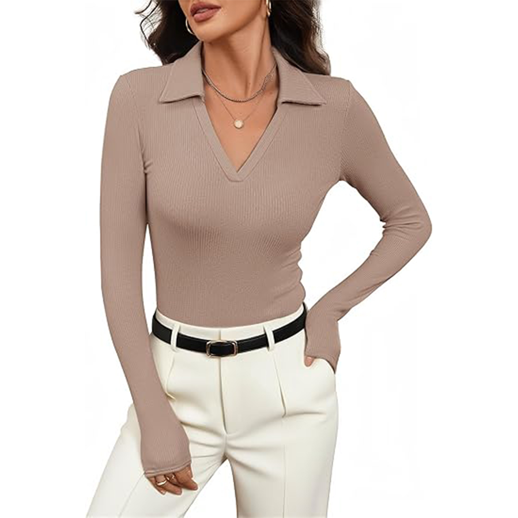 Women Long Sleeve V Neck Polo Shirt 23