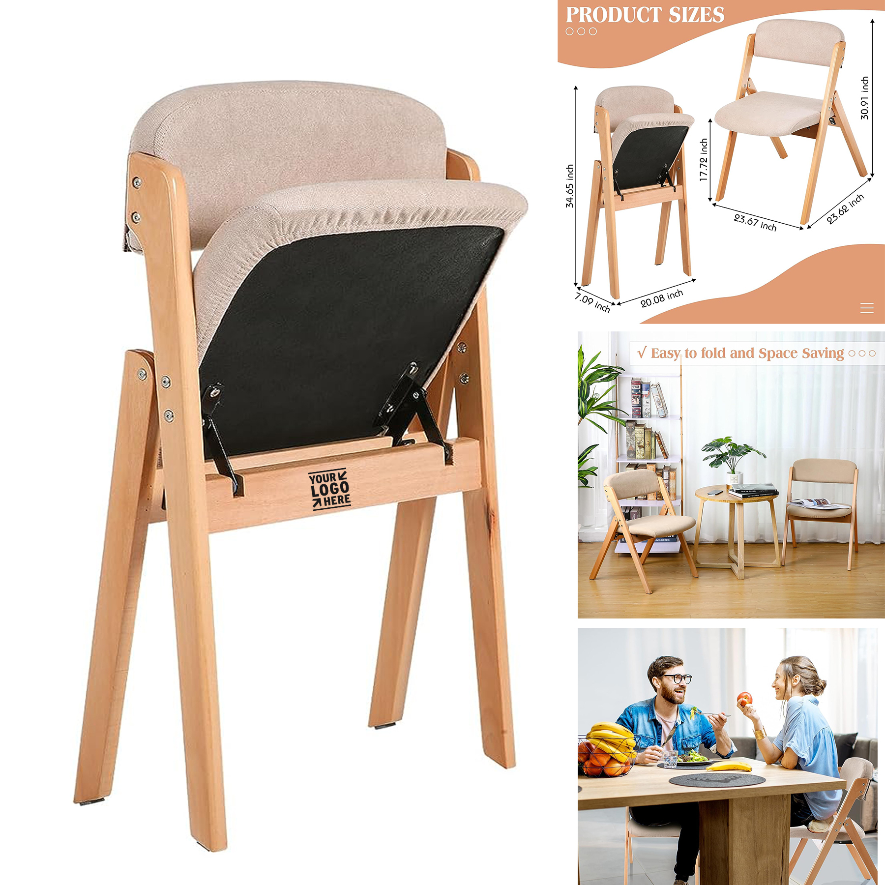 2 Pack Wooden Foldable Dining Chairs
