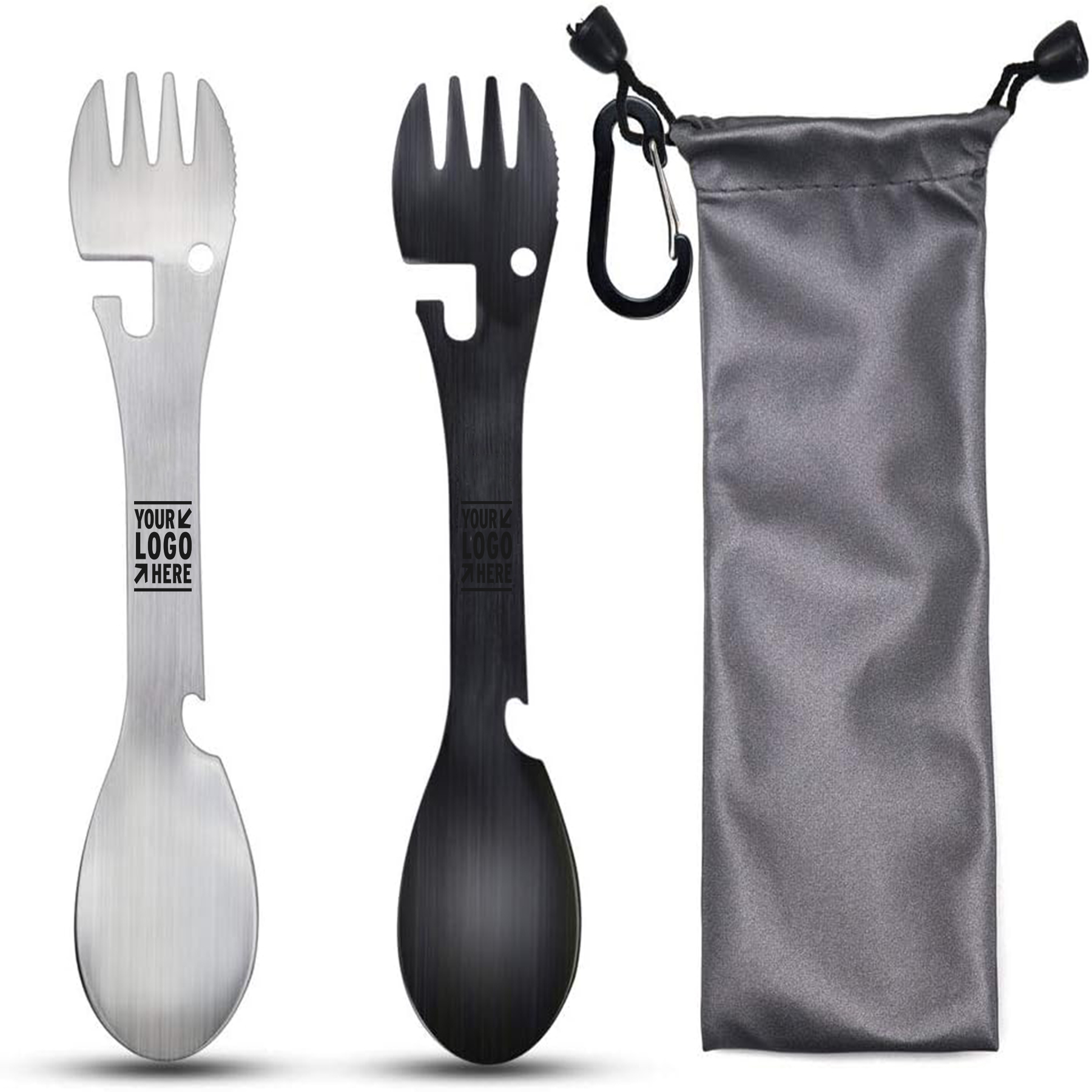 Camping Travel Utility Tactical 2 Pack 5-in-1 Stainless Steel Spork Spoon Bottle Opener Fork Knife 2