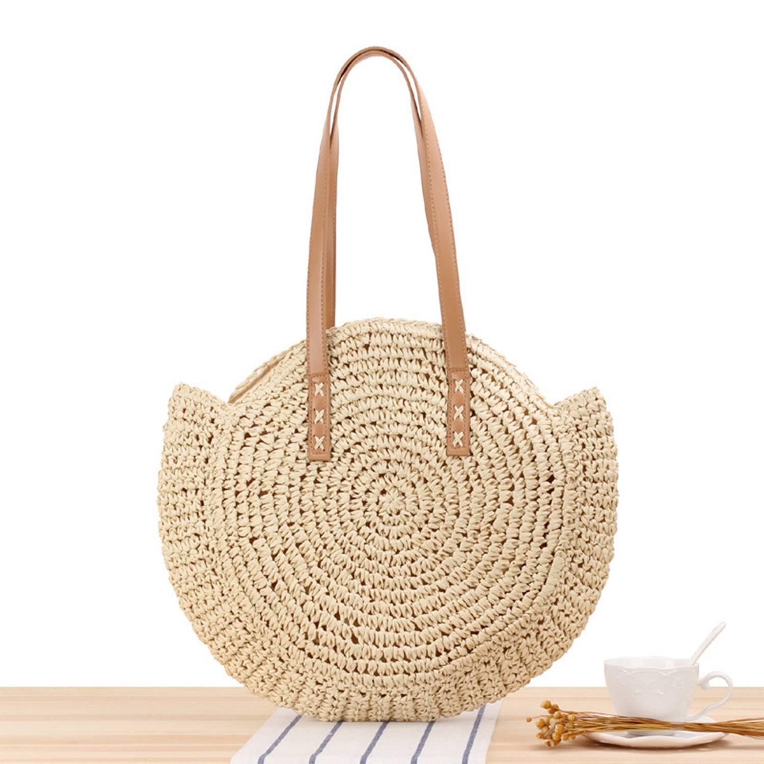 Women Round Hollow Straw Tote Bag 6