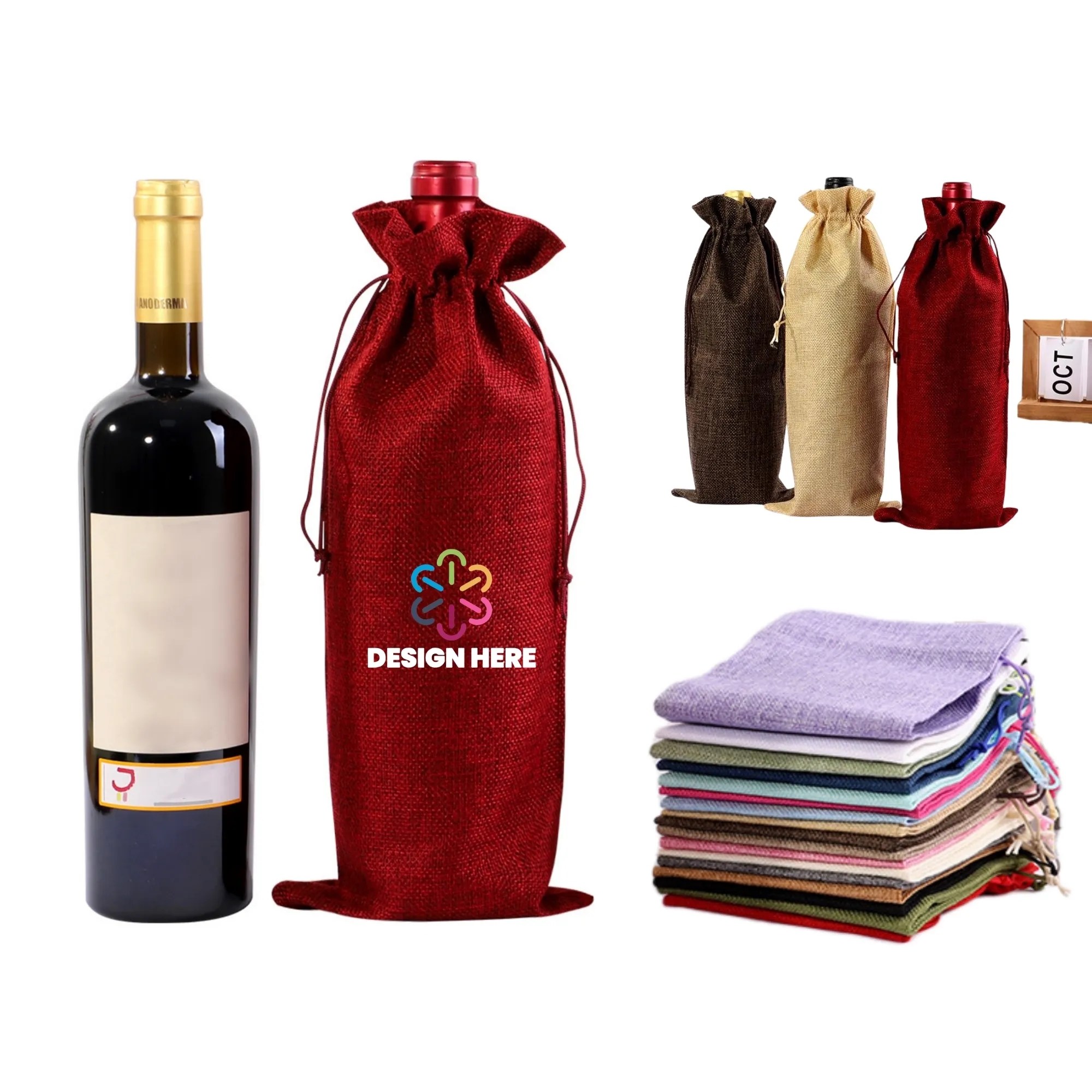 Full Color Drawstring Linen Wine Bottle Bag 2